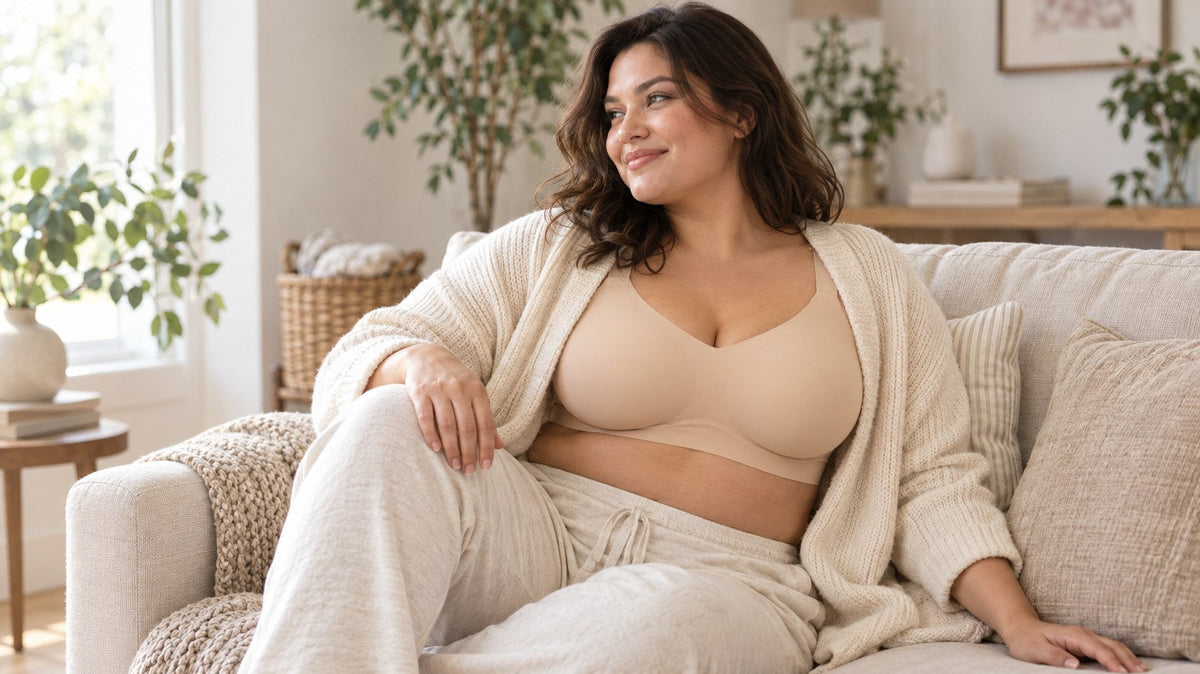 Woman relaxing on a sofa in a beige bra and cream cardigan