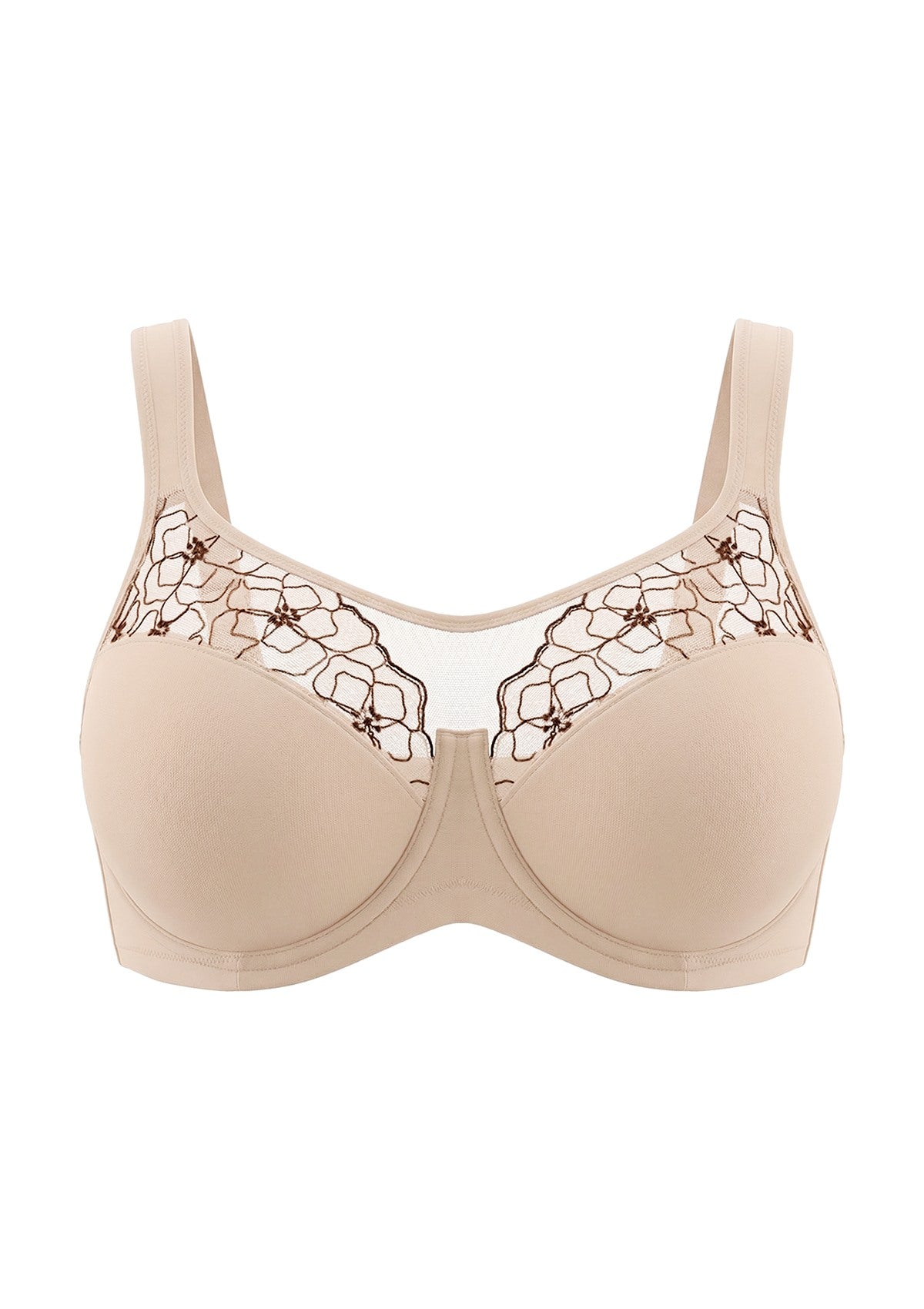 3D studio shot of the HSIA light beige lace unlined bra, detailing the delicate two-tone embroidery and smart custom-sized hooks.
