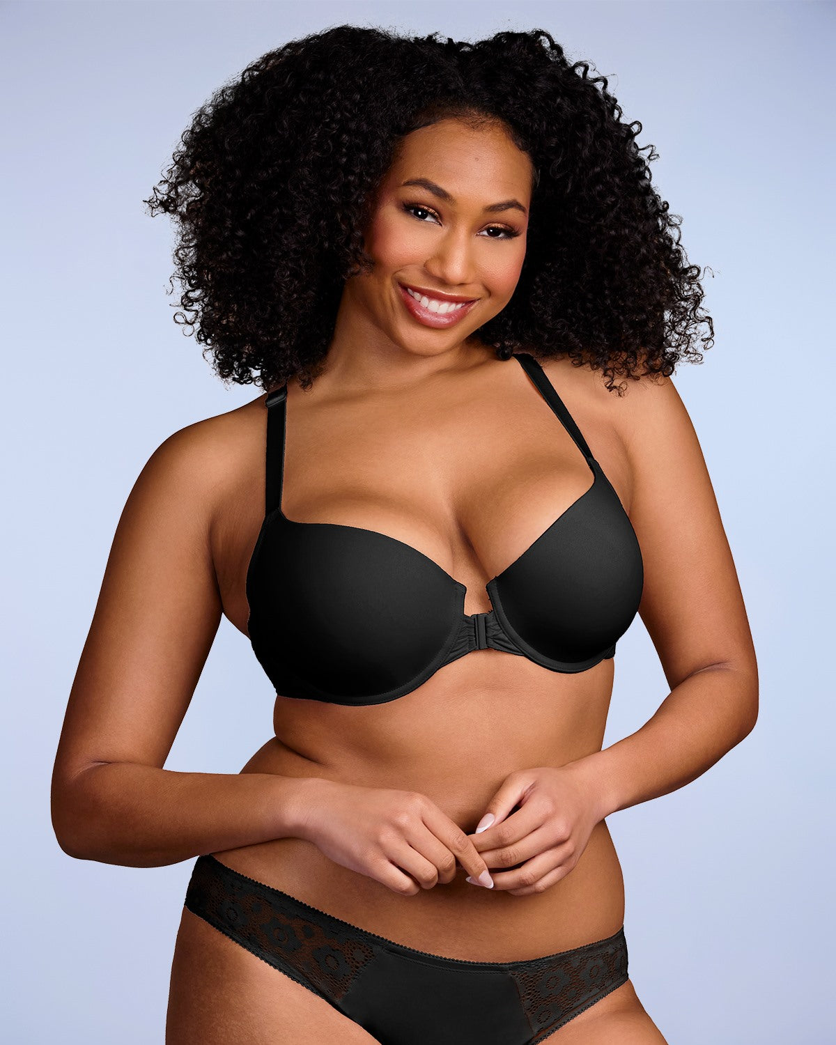 Serena Front-Close Lace-Back Black Underwire Bra Set - HSIA