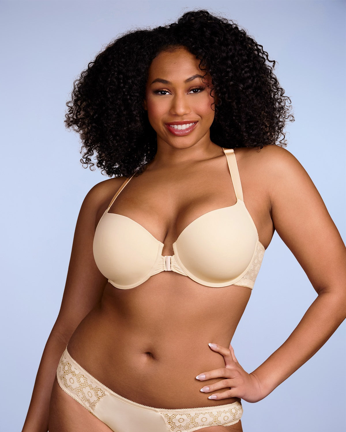 Serena Front-Close Champagne Lace-Back Racerback Underwire Bra Set - HSIA