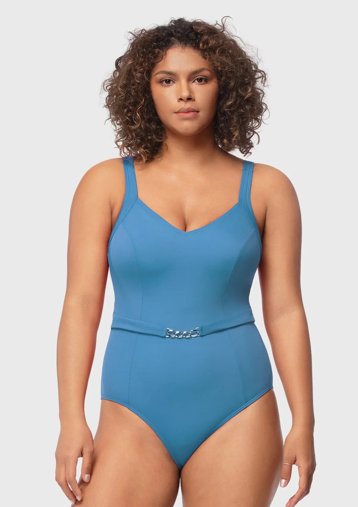 V-Neck Chain Trim One-Piece Swimwear - HSIA