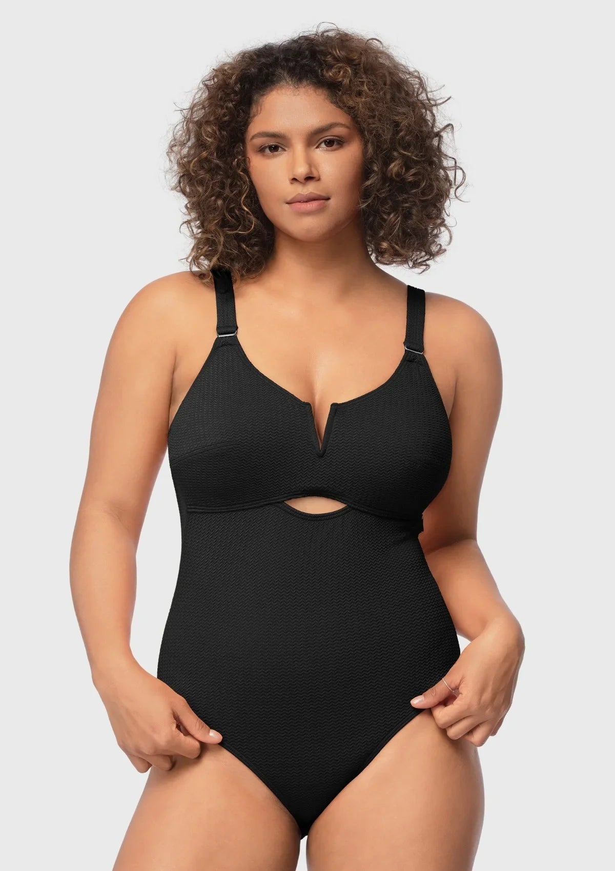 V-wire Plunge Textured One-piece Cutout Swimsuit - HSIA