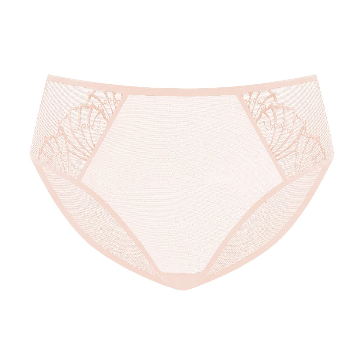 Studio flat lay of the HSIA Pearl Shimmer high waist panty in Rose Cloud, featuring a seamless full coverage design and breathable stretch mesh for all-day comfort.
