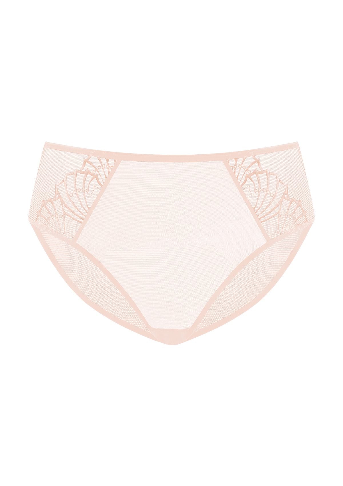 Studio flat lay of the HSIA Pearl Shimmer high waist panty in Rose Cloud, featuring a seamless full coverage design and breathable stretch mesh for all-day comfort.