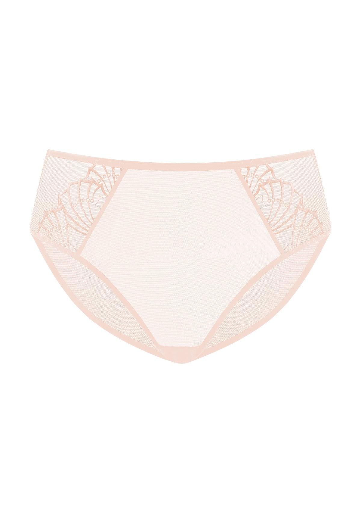 Studio flat lay of the HSIA Pearl Shimmer high waist panty in Rose Cloud, featuring a seamless full coverage design and breathable stretch mesh for all-day comfort.