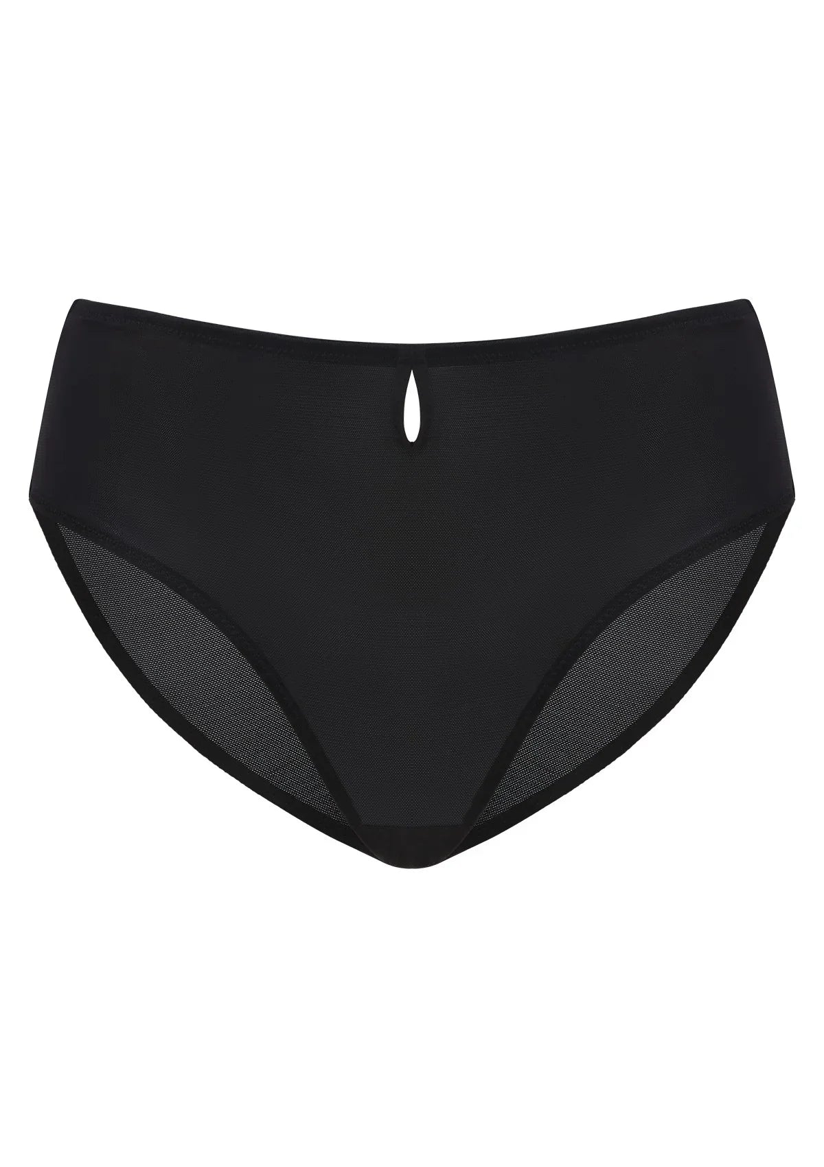 3D product render of black Bella smooth sheer mesh bikini underwear with a 100% cotton crotch.