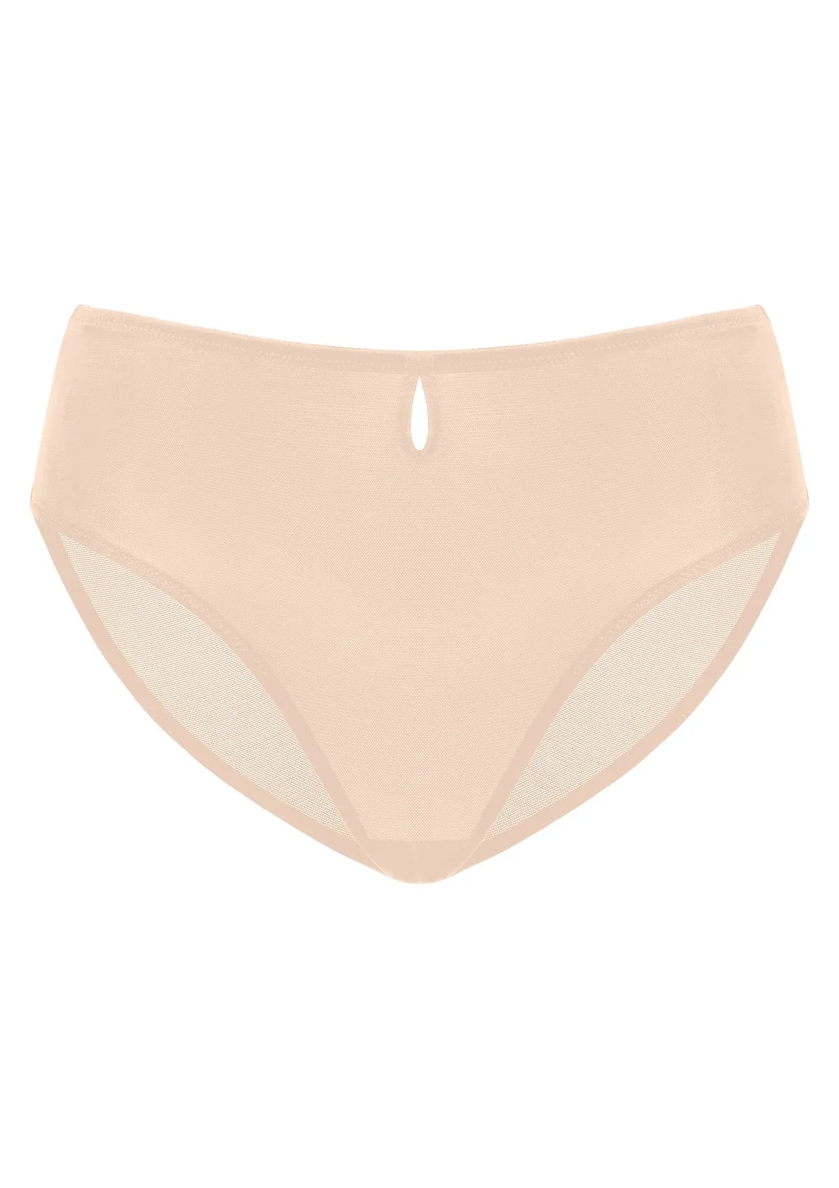 3D render of Warm Beige Bella sheer mesh bikini underwear, featuring a stretch scratch-less material.