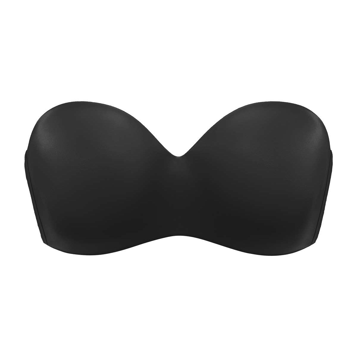 3D flat lay of the black Breya seamless strapless bra, featuring a silicone-free tech-grip and heavy-duty lift tailored for large breasts.