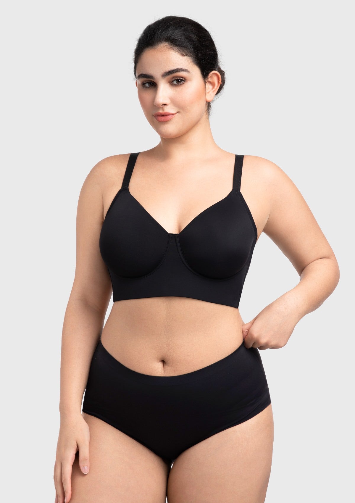 Front view of the buttery-soft black seamless T-shirt bra, providing a gentle, full coverage hug for heavy breasts