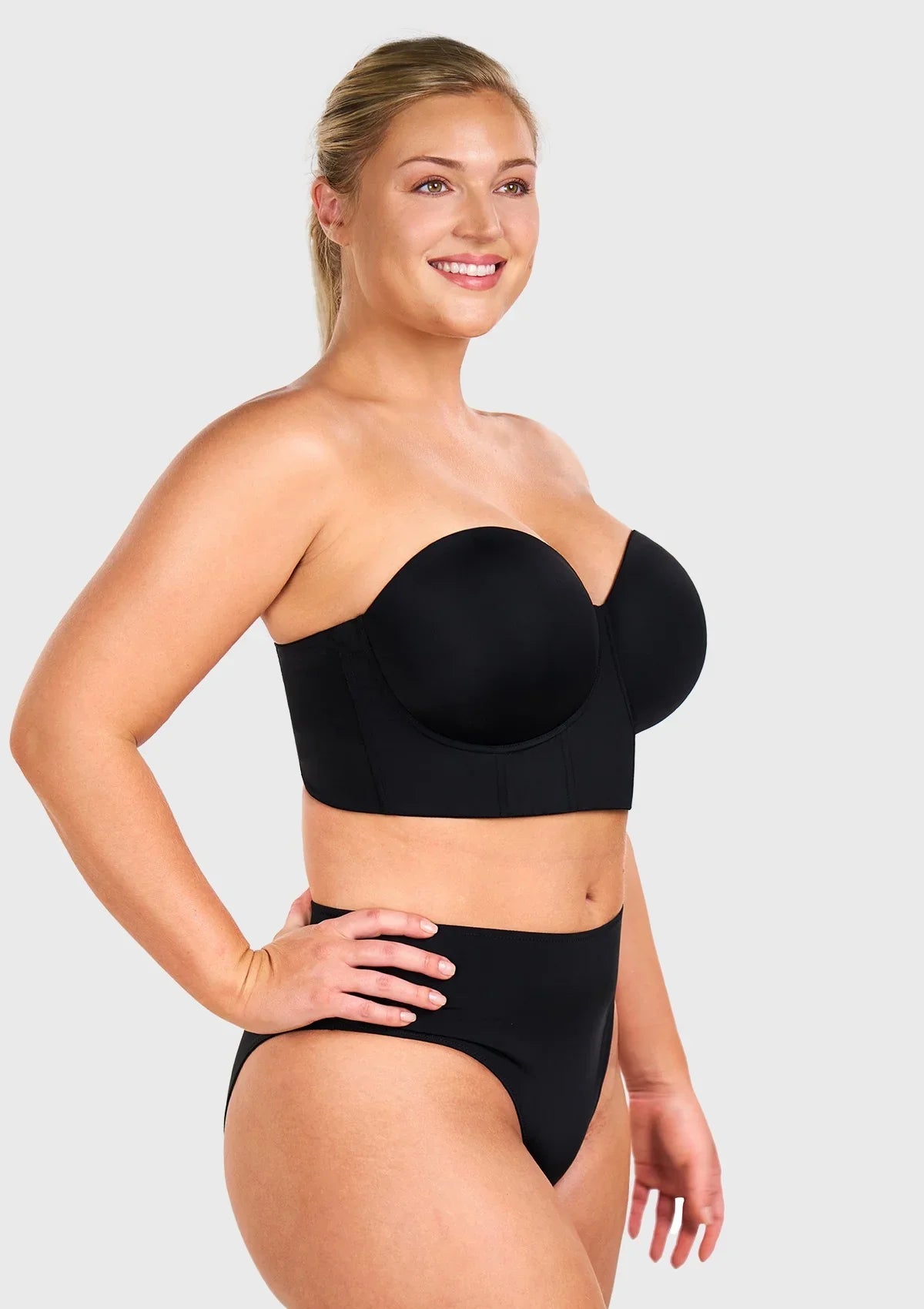 45-degree profile of the black half-cup balconette bra, expertly crafted to perfectly wrap and shape full figures.