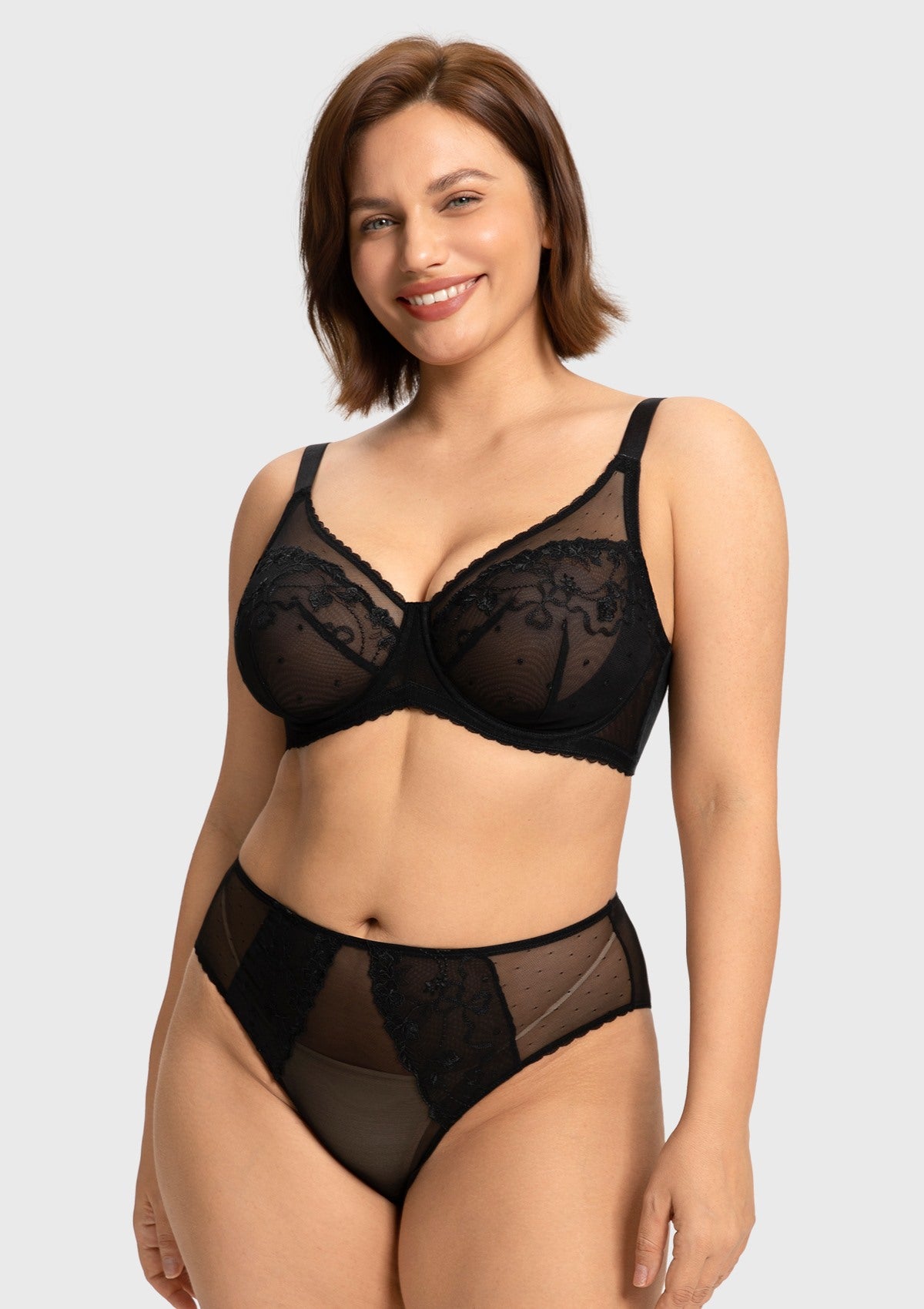 Front view of the black Ophelia unlined full coverage bra, delivering breathtaking elegance and heavy-duty support for fuller figures (C-I cups).
