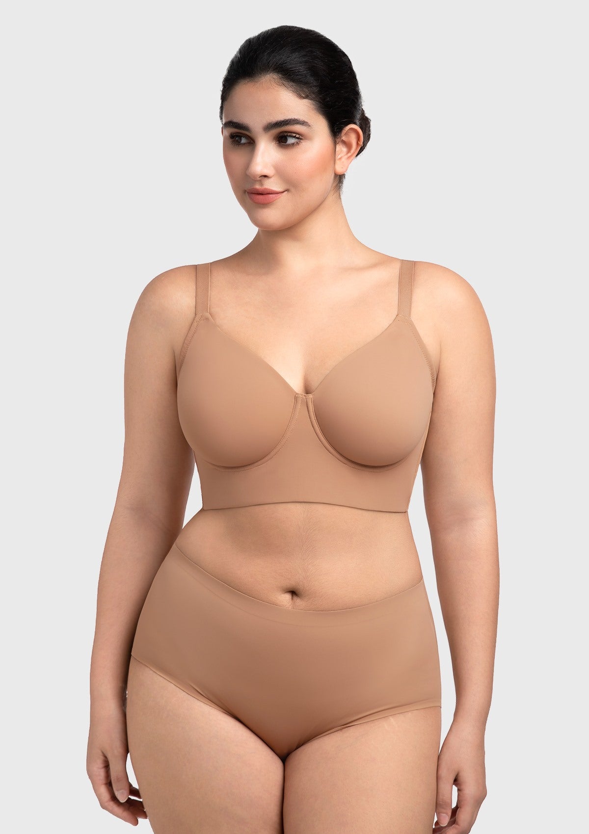 Front view of the rich caramel seamless minimizer bra, offering reliable support and a beautiful shape for heavy breasts