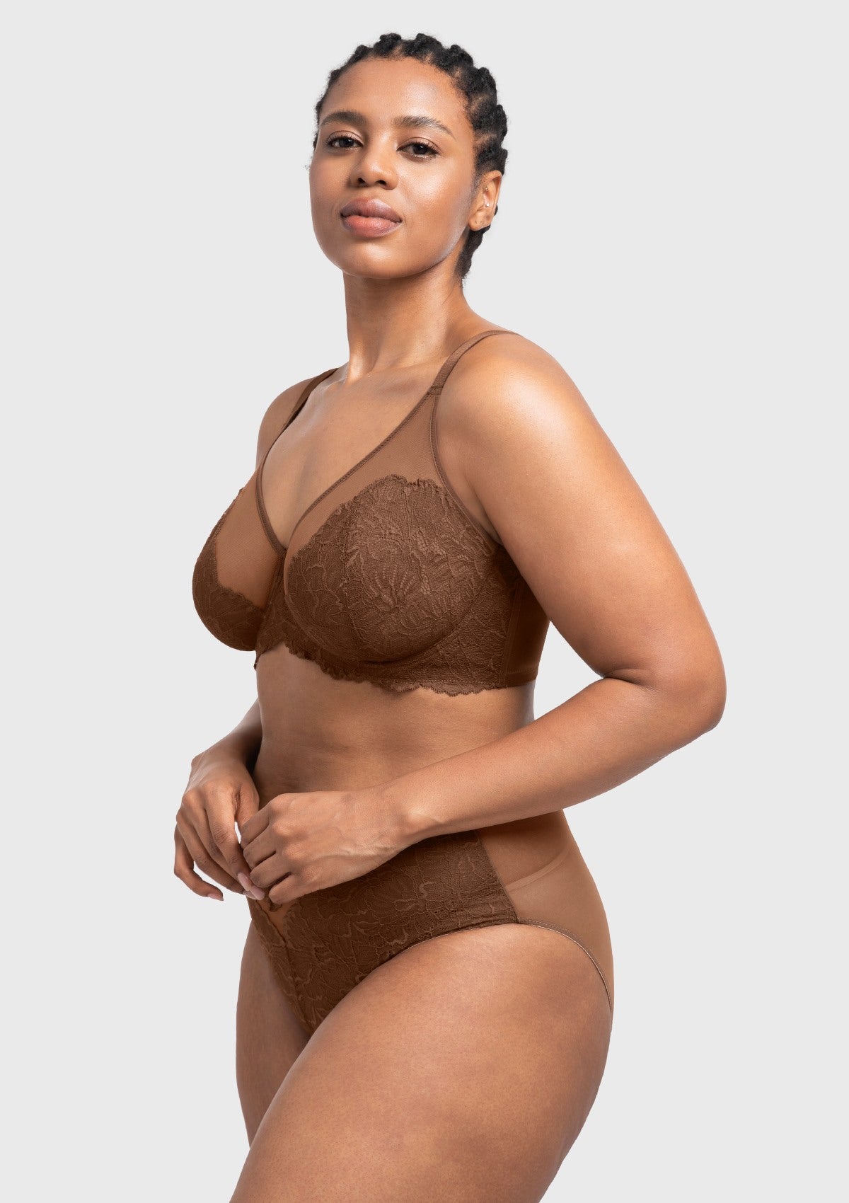 Side profile of the cocoa brown anti-sag minimizer bra, showcasing the non-stretch lace structure that provides a defy-gravity lift and natural shaping.