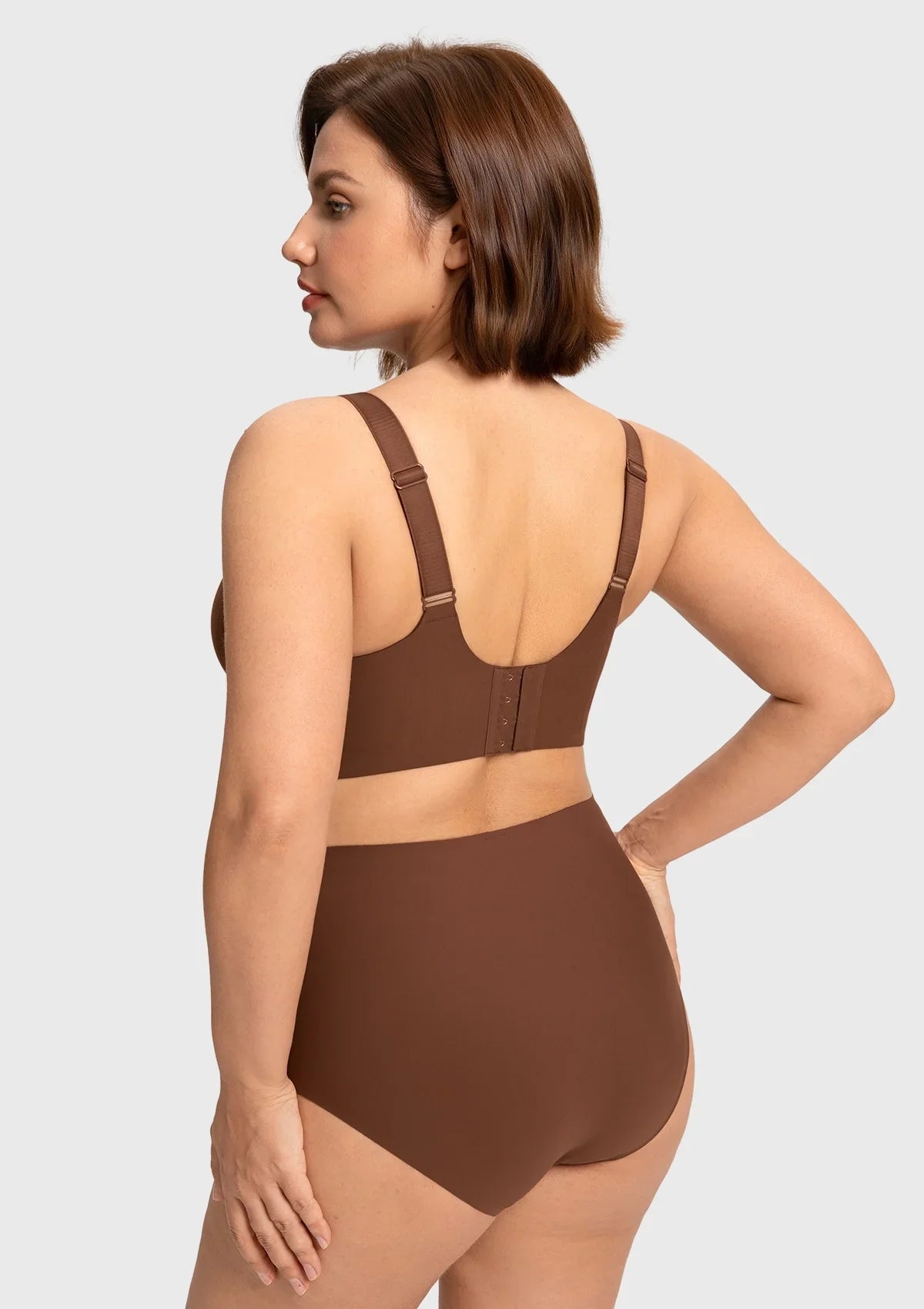 Back view of the cocoa brown nursing bra suitable for sleep, highlighting the dig-free comfort, seamless full-back smoothing design, and tag-free lining.