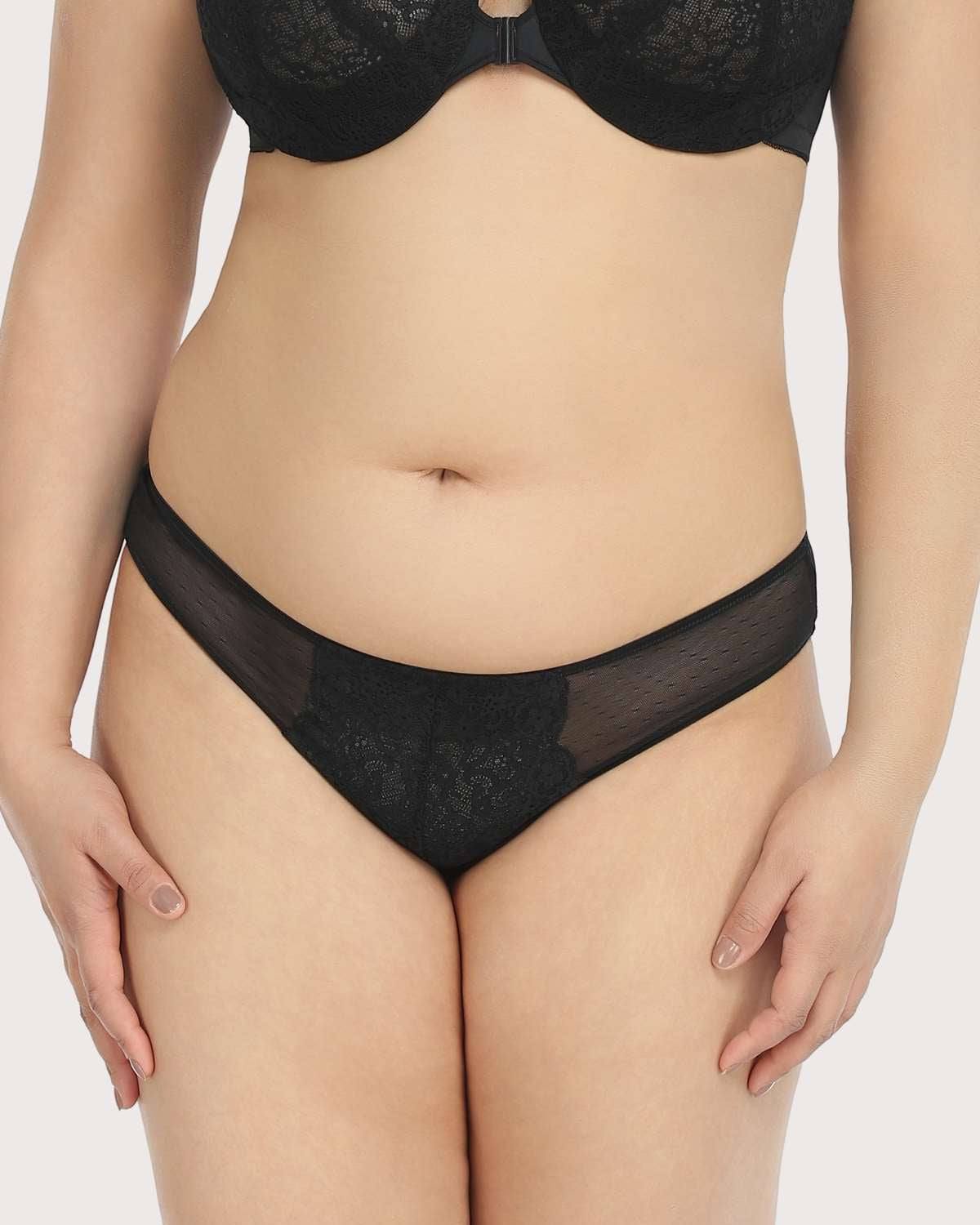Nymphaea Front Floral Black Lace Bikini Underwear - HSIA
