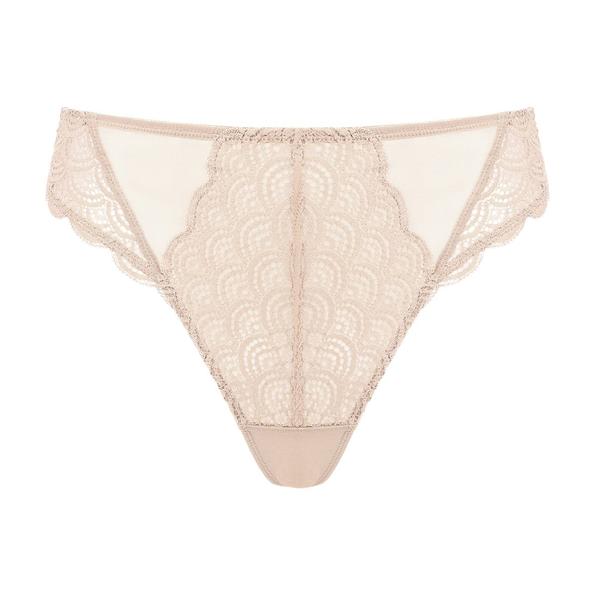 3D display of the beige high waist lace panties for women, offering a seamless invisible look that is perfect for under tight dresses.