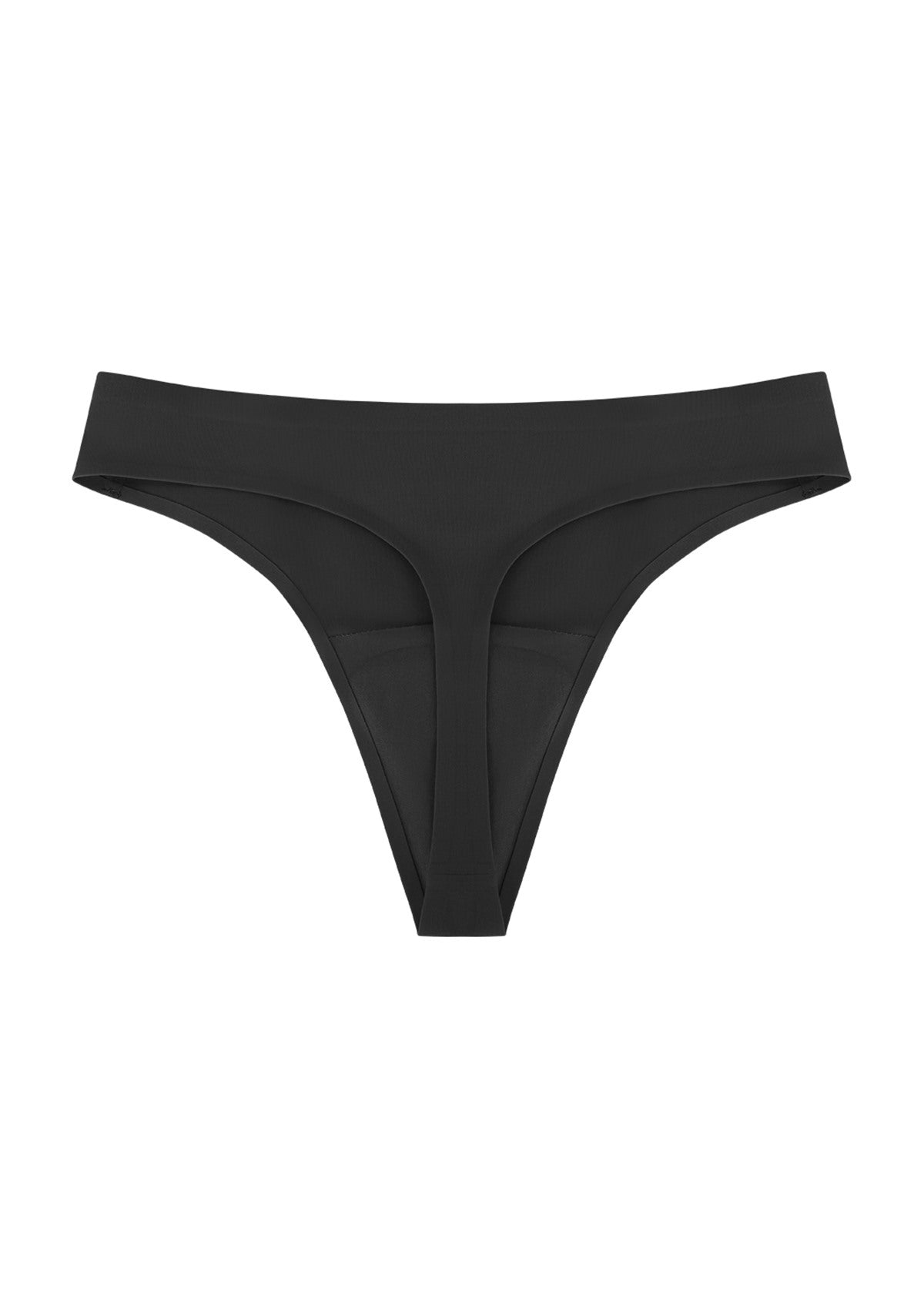 3D studio render of the black anti-camel toe thong, showing the ultra-soft stretch fabric and breathable cotton gusset.