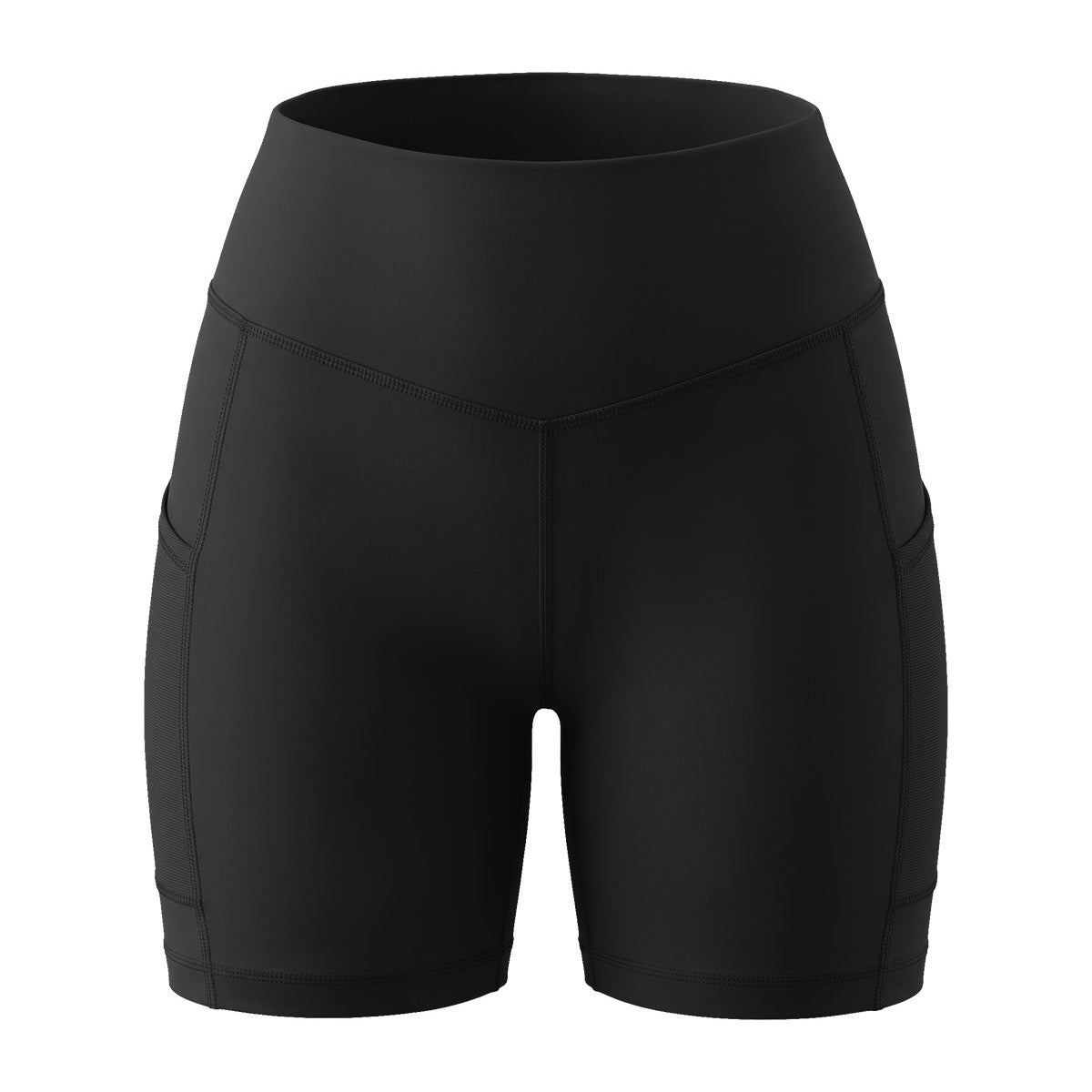 3D studio shot of the HSIA black Aura yoga shorts with pockets, emphasizing the premium four-way stretch fabric and functional design.