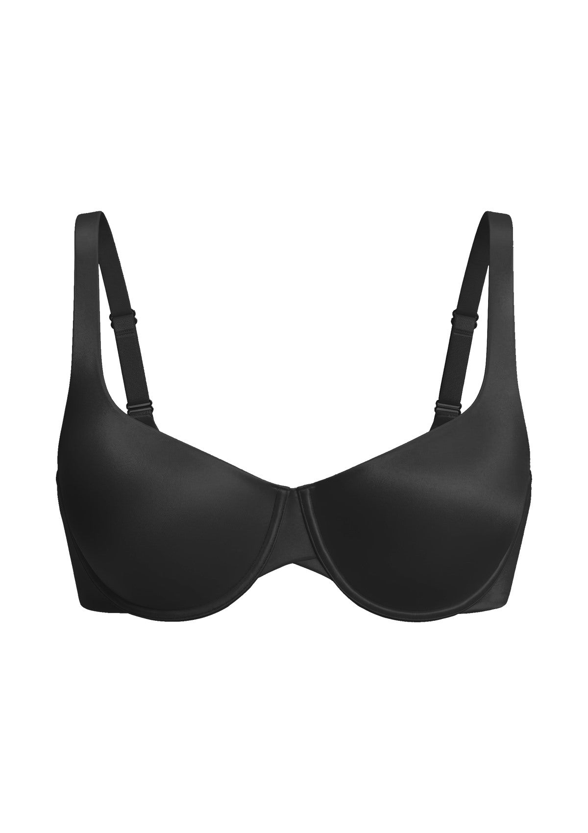High-resolution 3D shot of the HSIA black cloud satin balconette bra, emphasizing the elegant half-cup structure and silky finish.