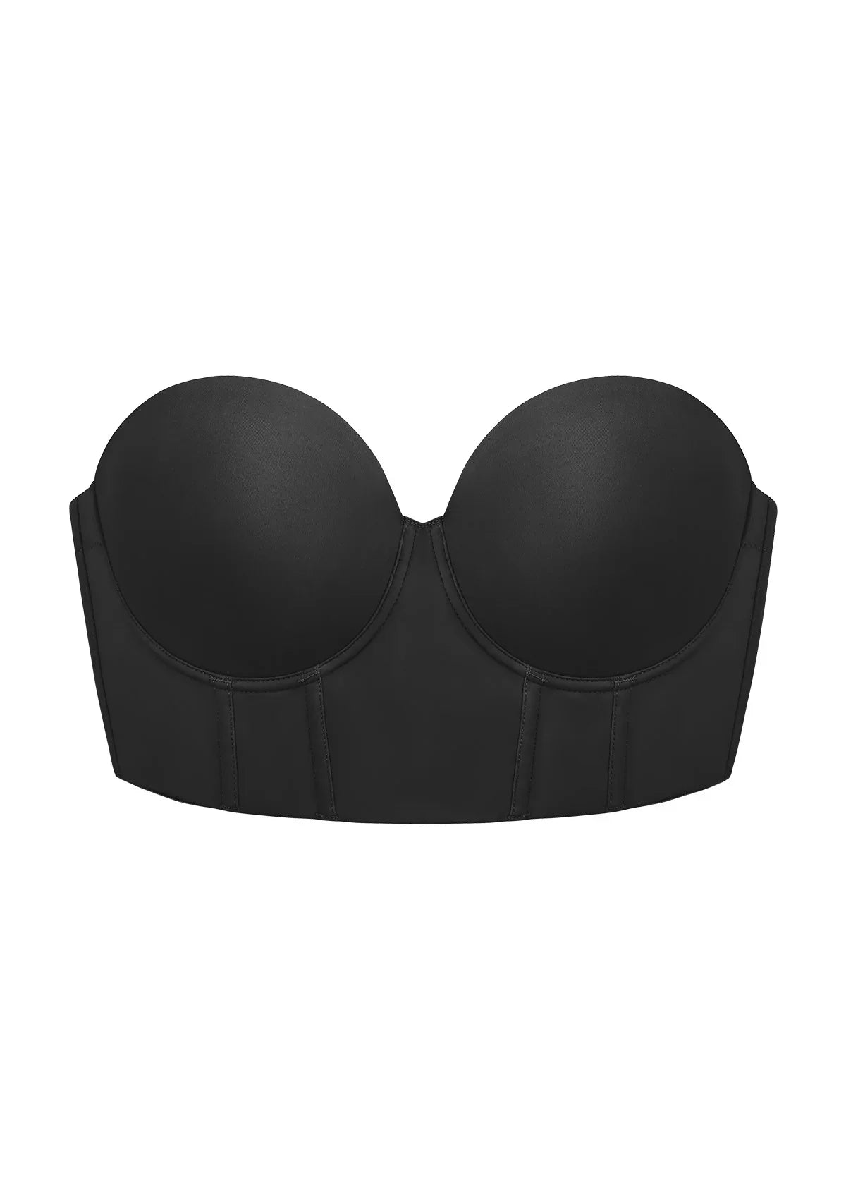 3D flat lay shot of the HSIA black longline strapless bra showcasing the wide anti-slip underband and premium fabric.
