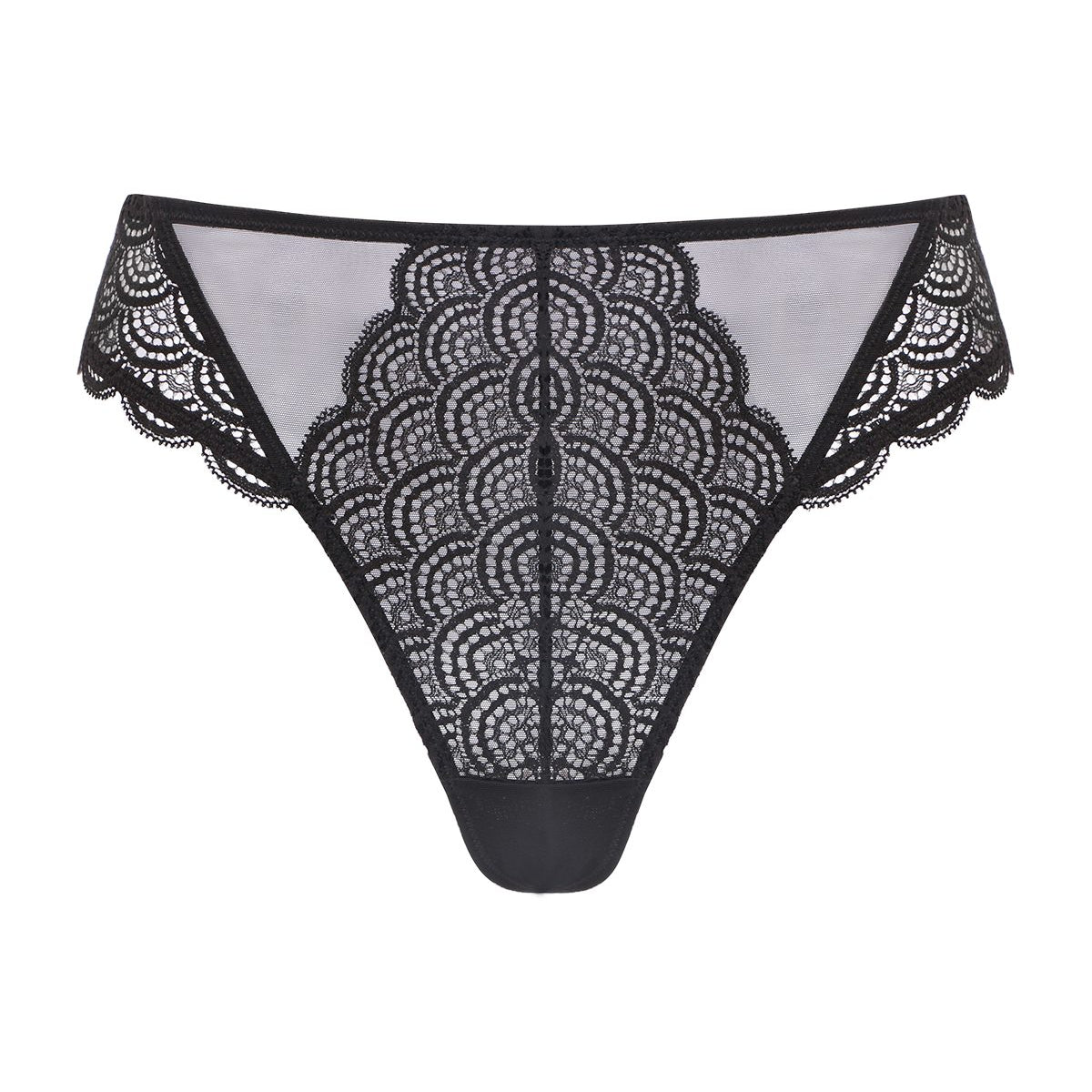 3D studio render of the HSIA black high waist lace thong panty, emphasizing the intricate mermaid scale lace and everyday stretch comfort.
