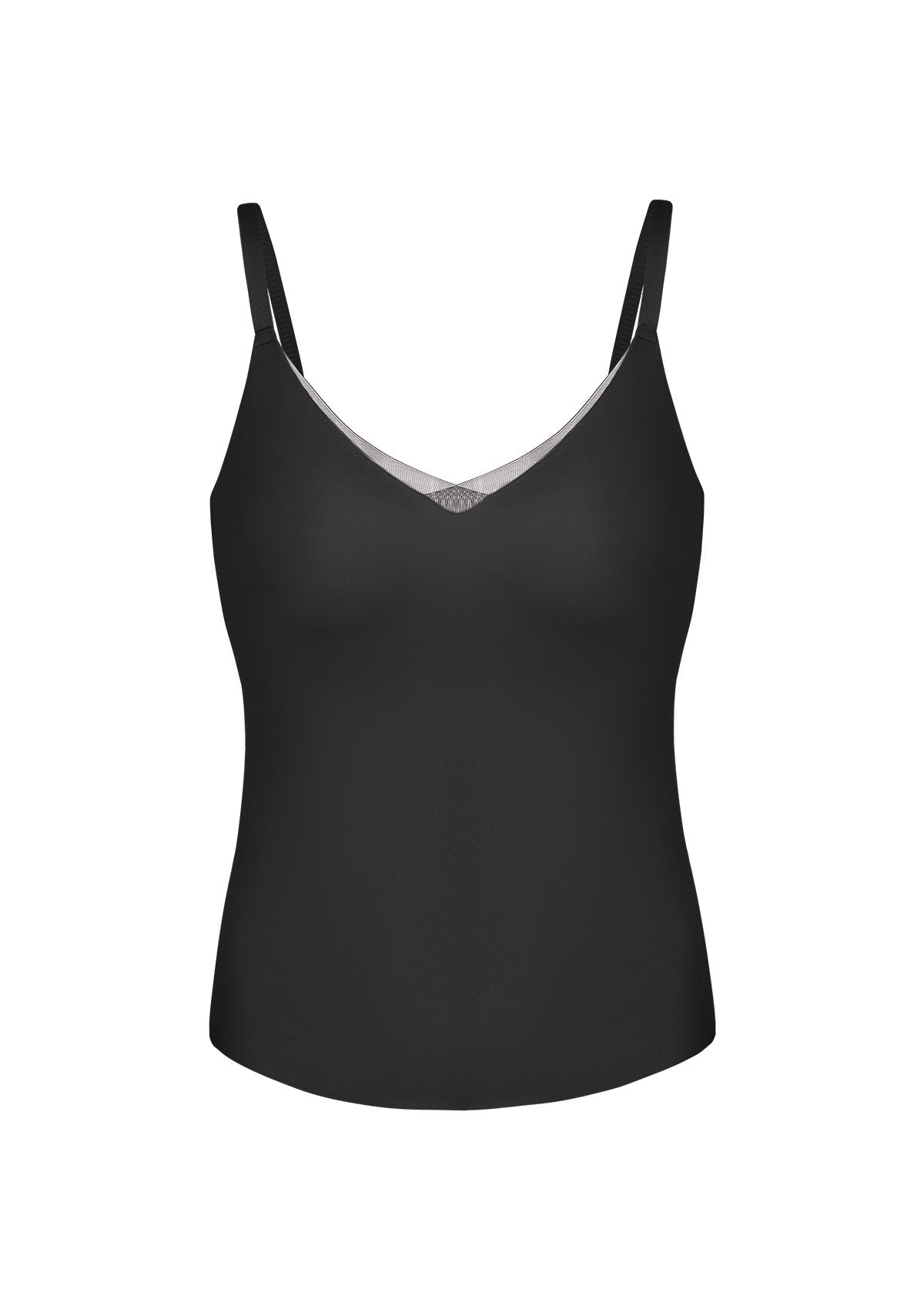 3D flat lay of the HSIA black seamless sculpting bra top, detailing the semi-fixed molding and removable crescent padding.