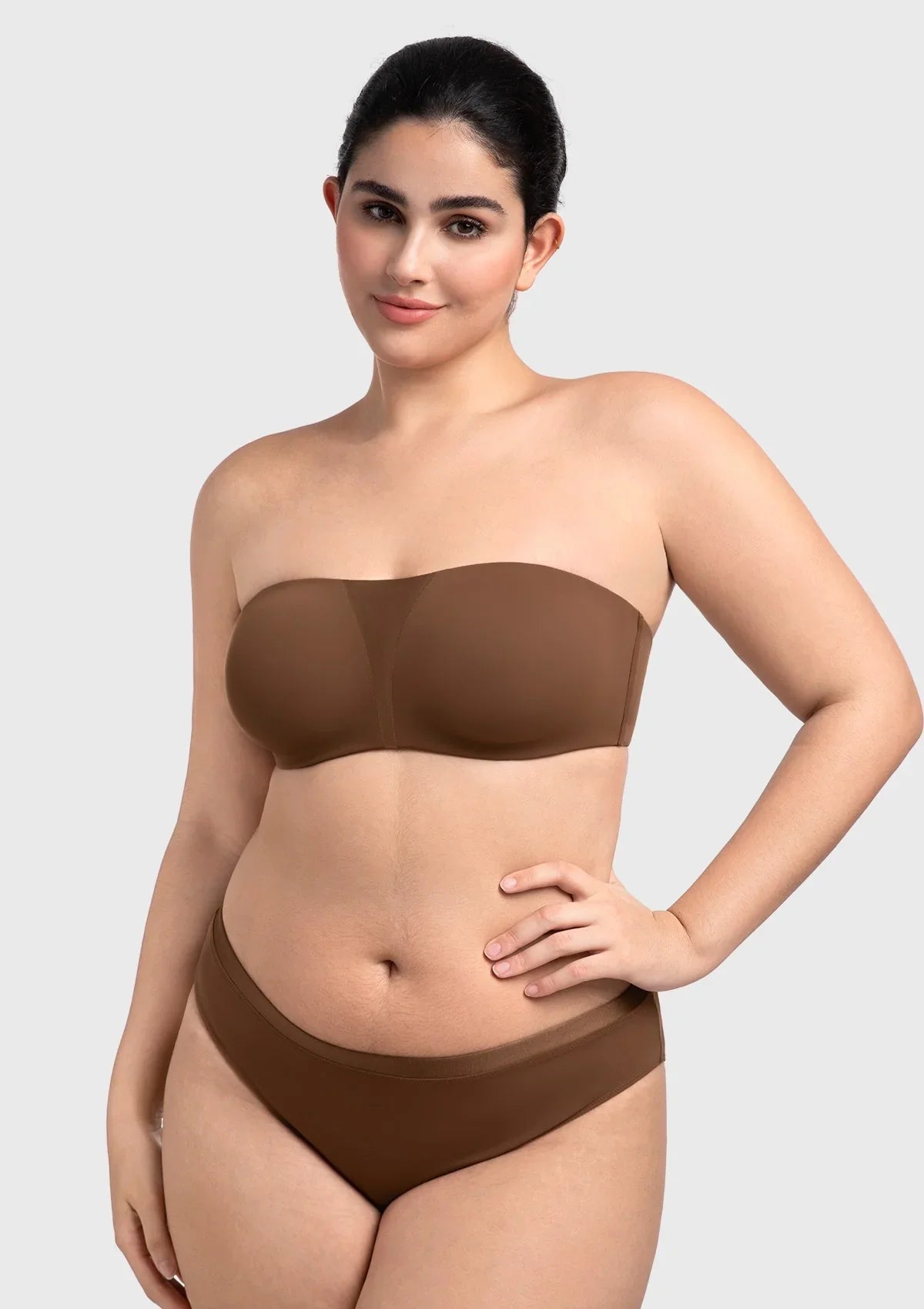 Fiery Unlined Seamless Comfort Underwire Plus Size Bandeau Strapless Coffee Bra - HSIA