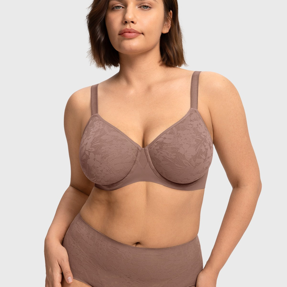 Front view of the dark brown purple seamless lace support bra, combining full coverage elegance with a flawlessly smooth, invisible fit.