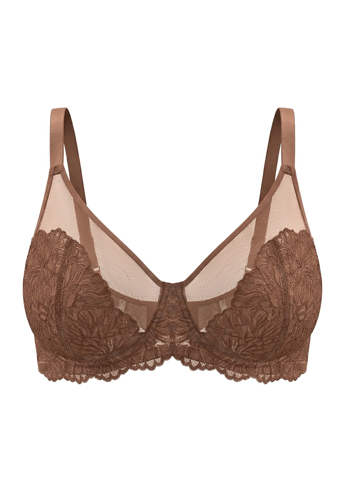 3D flat lay of the HSIA cocoa brown Blossom lace bra, detailing the OEKO-TEX certified breathable mesh and encased underwire for poke-free stability.