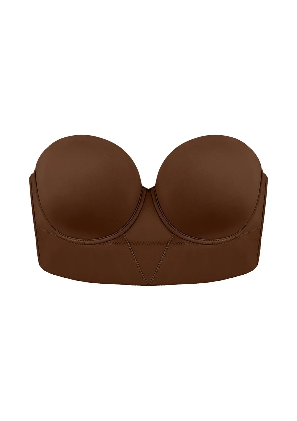 High-resolution 3D flat lay of the HSIA coffee brown longline balconette bra, emphasizing the reinforced anti-slip band and sleek, seamless finish.