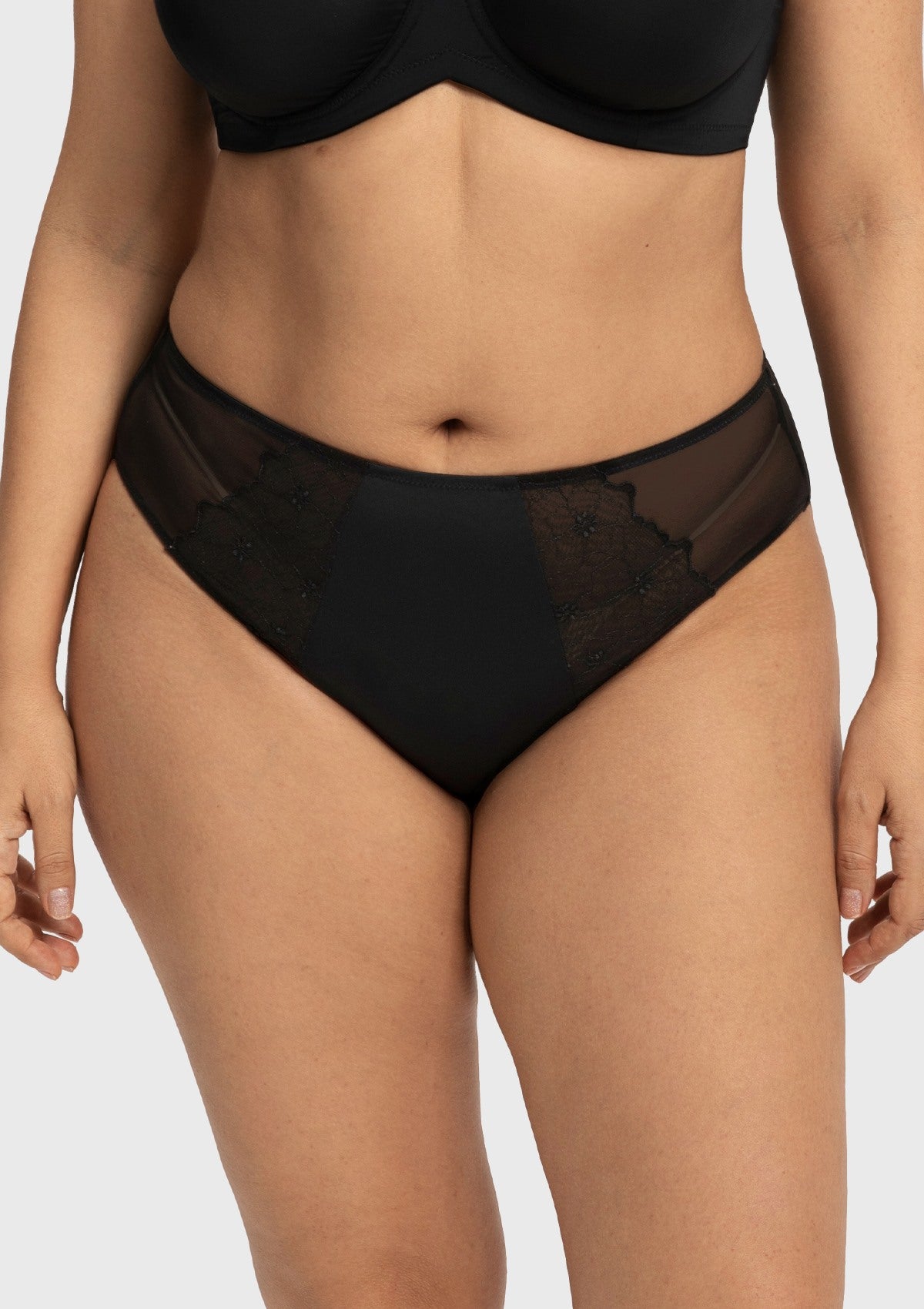 Front view of the HSIA black Dahlia embroidered high waist panty on model, featuring an elegant golden ratio combination of sheer mesh and floral lace.
