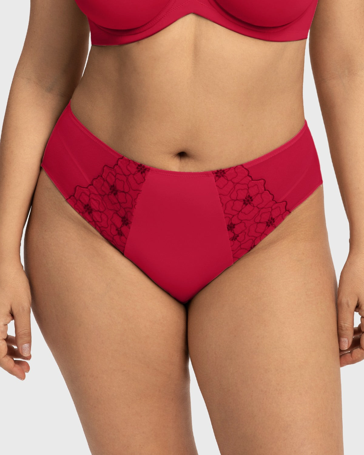 Front view of the Coral Red HSIA Dahlia embroidered high waist panty on model, offering a vibrant, romantic look with exquisite floral details.