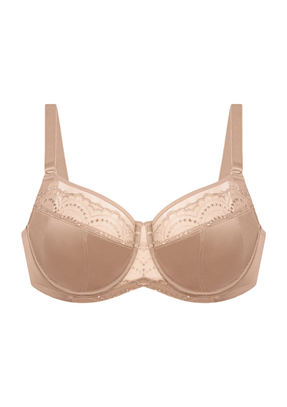 3D studio shot of the HSIA dark beige Soie lace bra, highlighting the luxurious silk-glow fabric base and delicate stretch floral embroidery.