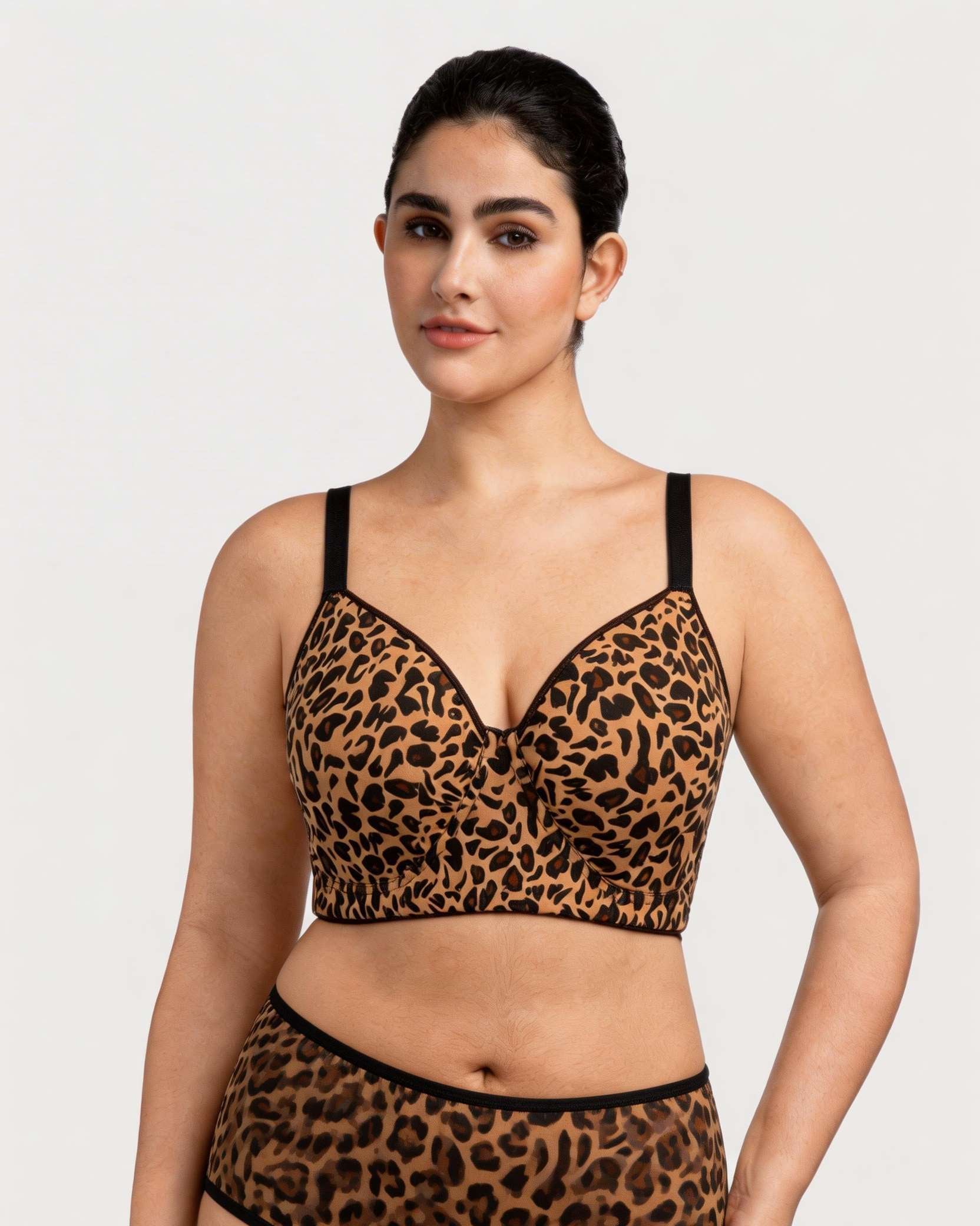 Front view of the HSIA leopard print Delia longline bra, a chic and supportive wearable tank for everyday style