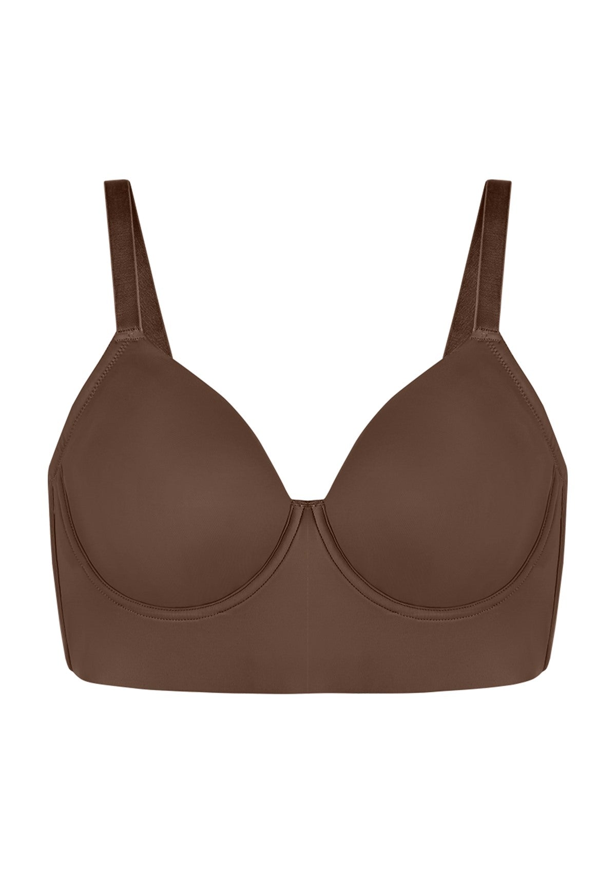 Professional studio flat lay of the coffee brown Delia longline T-shirt bra, showcasing the silky-smooth, pilling-resistant finish.