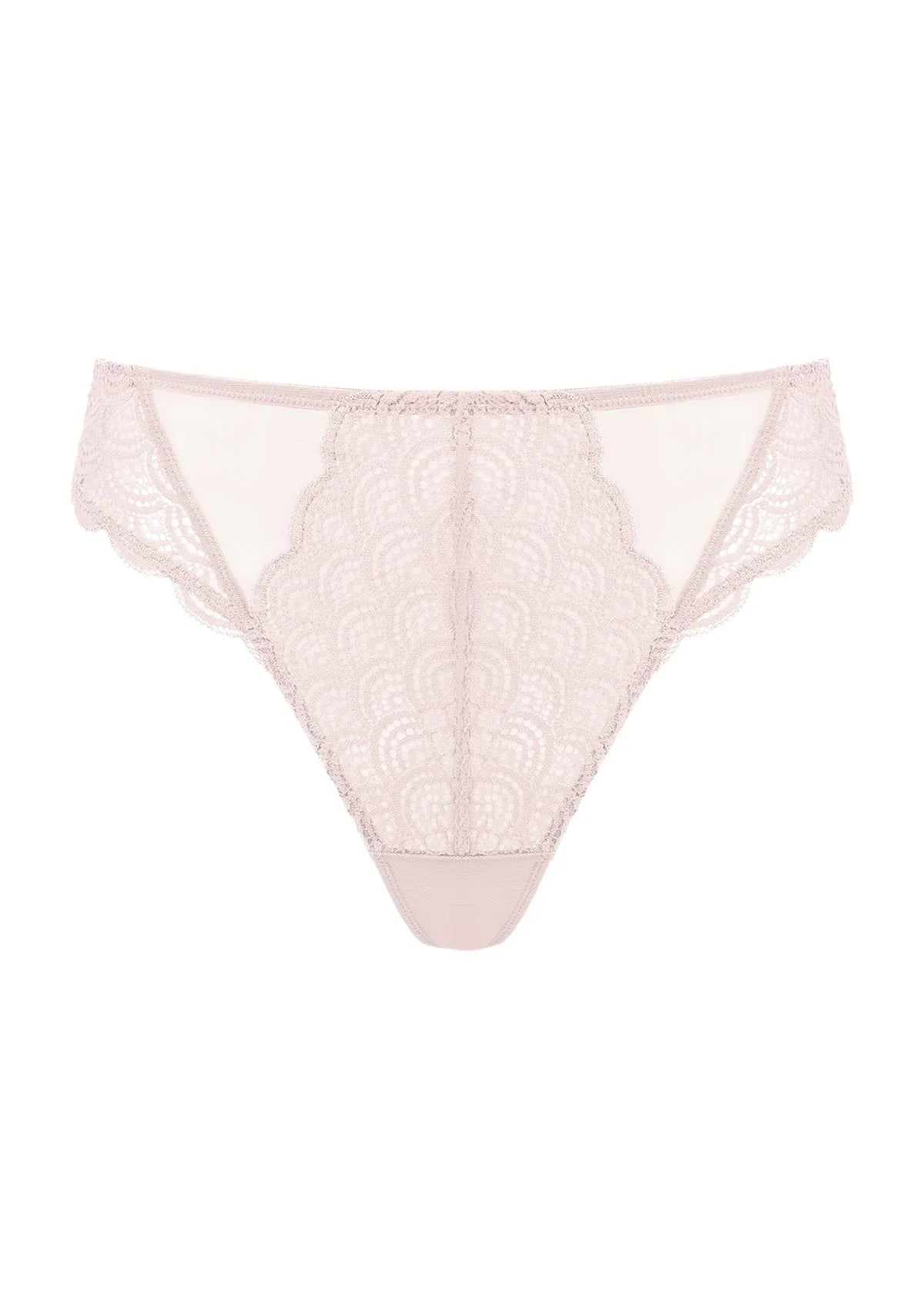 3D product image of the light pink mermaid scales lace thong underwear, crafted with soft lace designed to beautifully flatter the silhouette.
