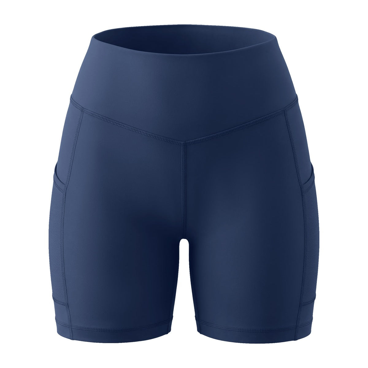 3D flat lay shot of the HSIA navy blue cooling cycling shorts, highlighting the stylish exterior mesh pockets and modern cut.