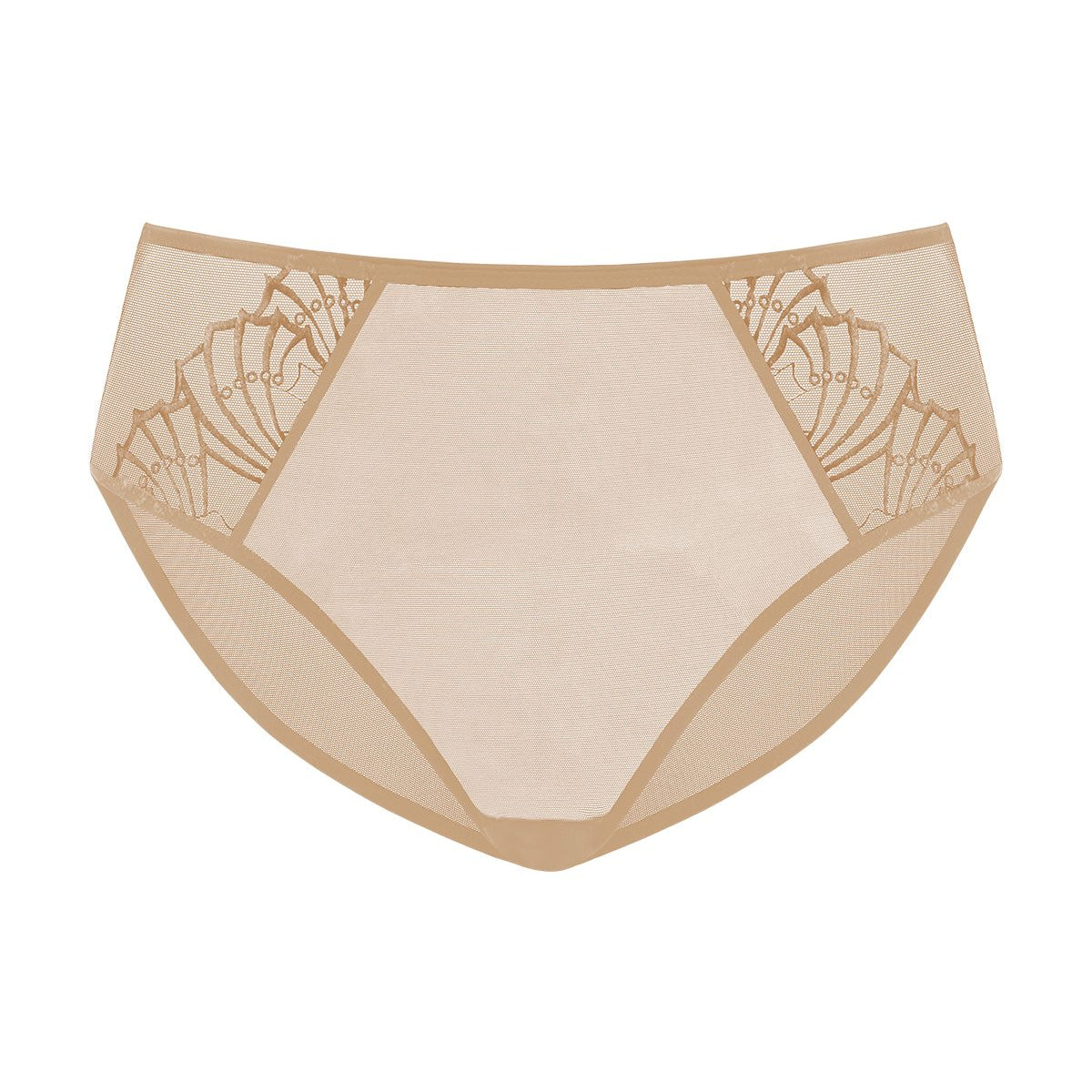 Studio shot of the Light Cinnamon HSIA Pearl Shimmer high-rise panty, an elegant matching essential offering pressure-free comfort and natural curve enhancement.