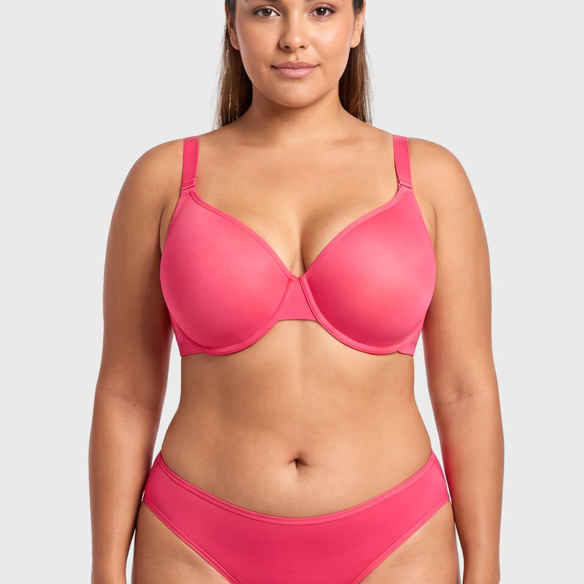 Front view of model wearing the HSIA Knockout Pink Seraphina unlined underwire bra, featuring ultra-breathable sheer mesh and a flattering demi-cut design for a natural silhouette.