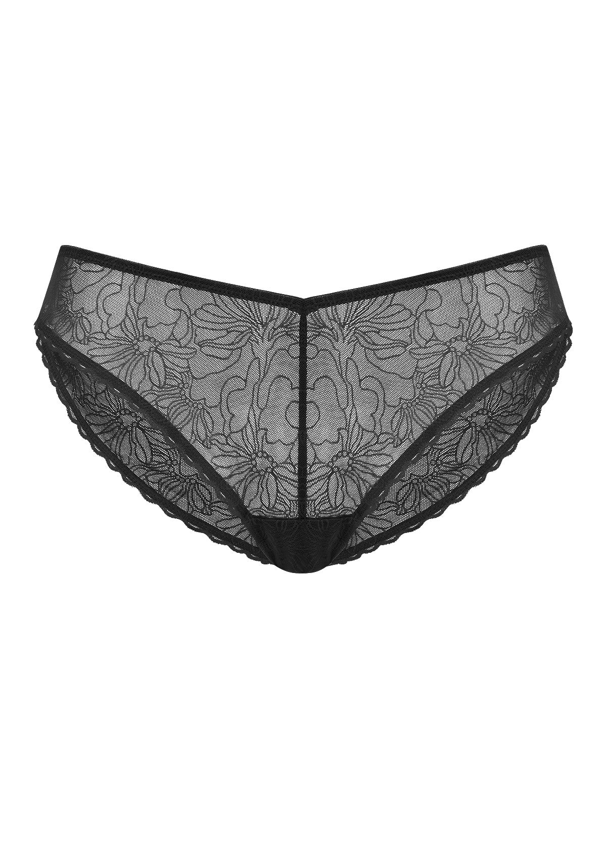 Studio shot of the black HSIA Stella sheer lace bikini panty on a white background, highlighting the smooth, no-dig edges and soft breathable gusset.