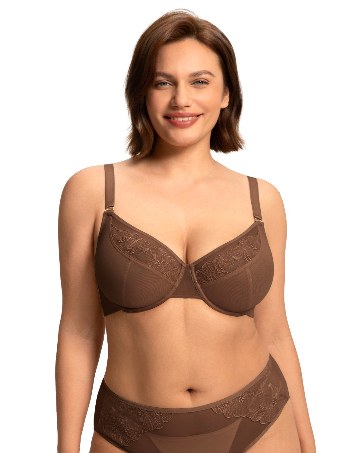 Front view of model in the Coffee Brown HSIA Yumi unlined bra, featuring a flattering V-neckline and soft, luxurious floral embroidery.
