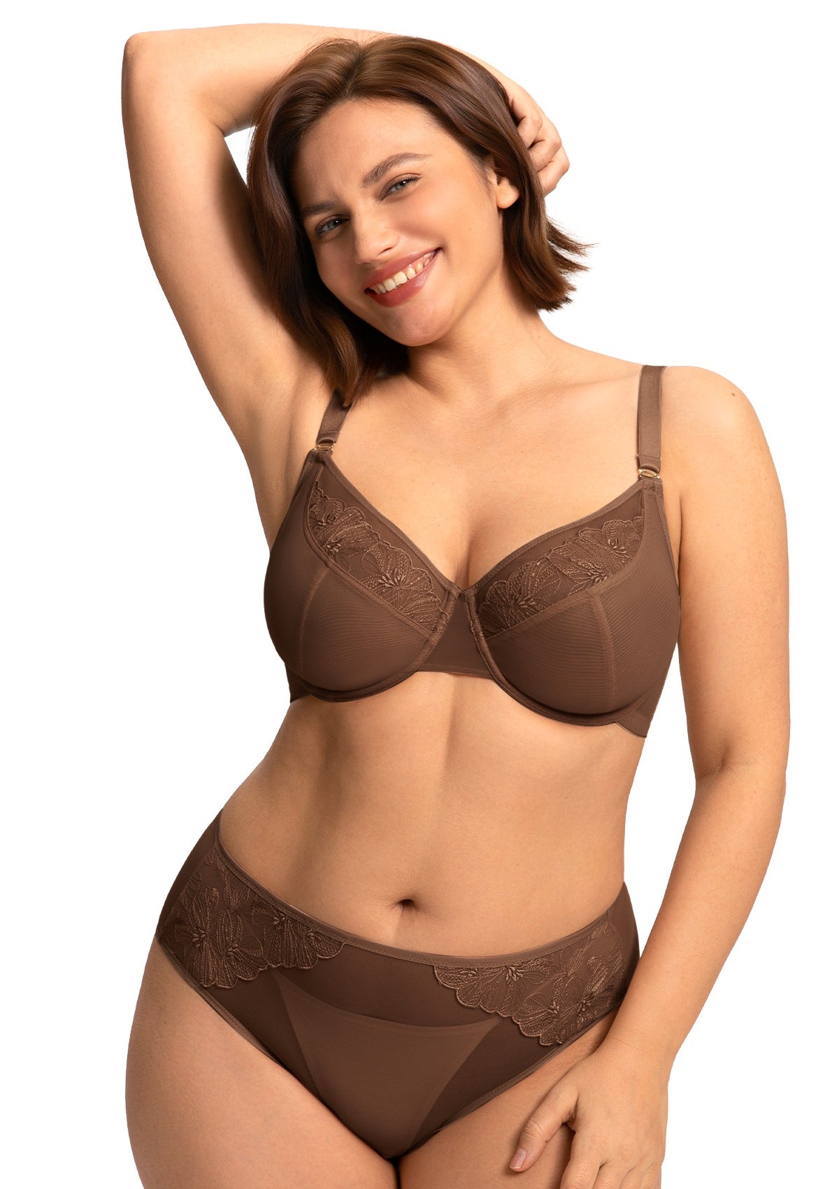Model lifting arms wearing the Coffee Brown Yumi unlined bra, demonstrating flawless underwire support that won't dig in or shift with movement.