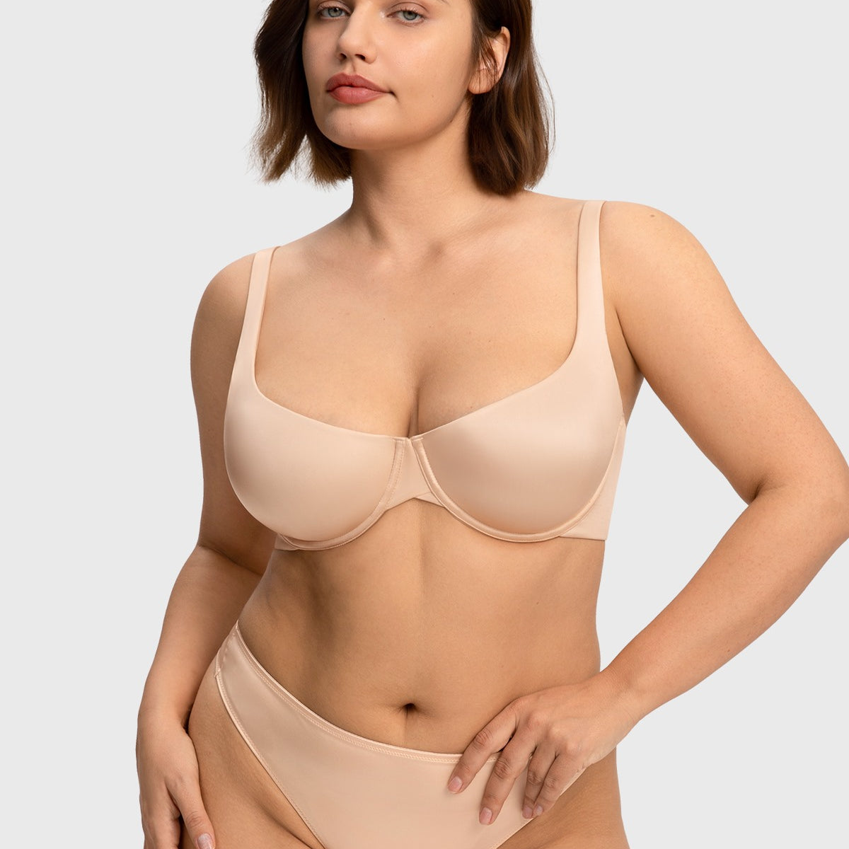 Front view of the light beige cloud satin T-shirt bra, showcasing a seamless silhouette and natural balconette lift without bulky padding.