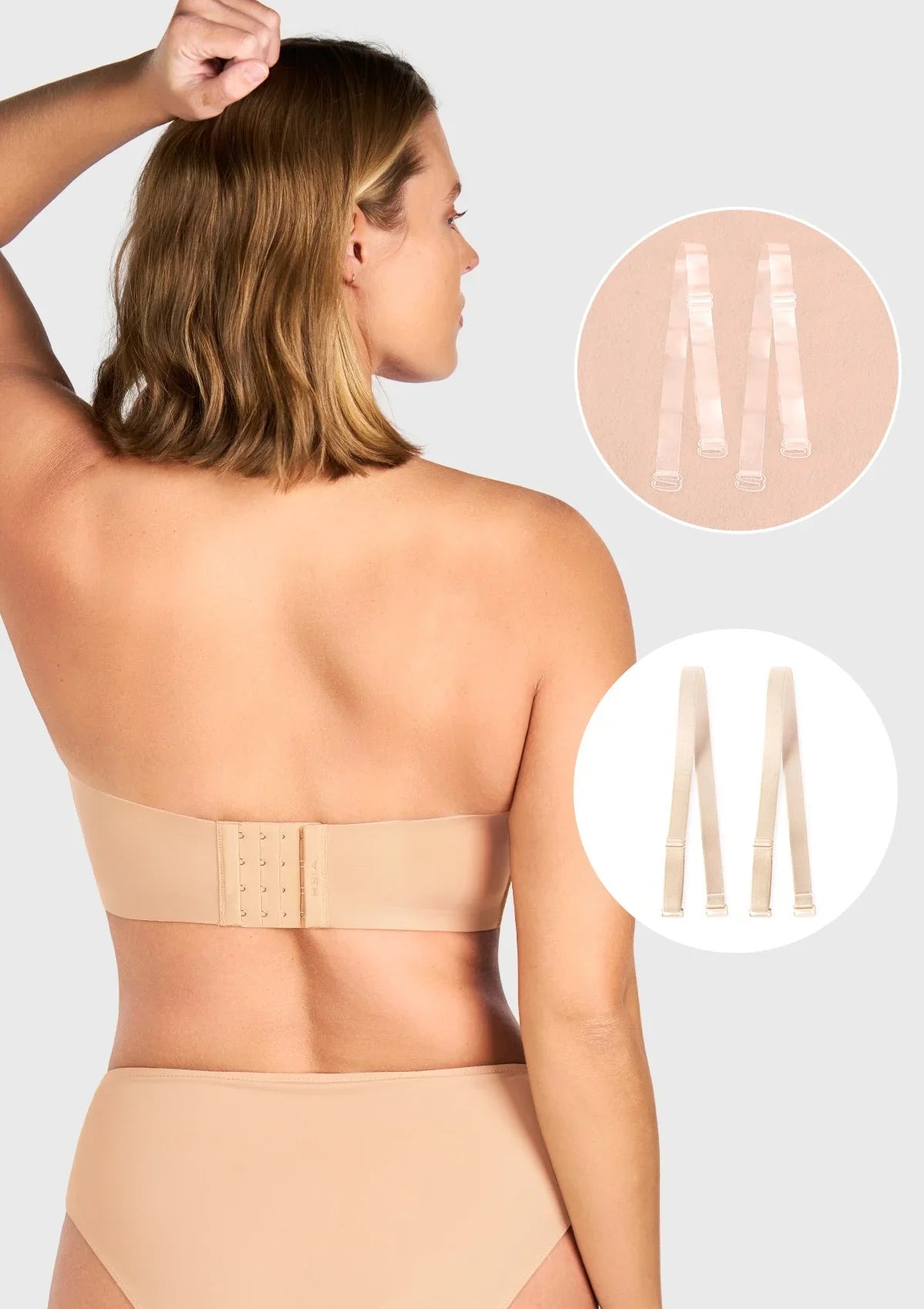Close-up showing both matching black straps and bonus clear invisible straps included