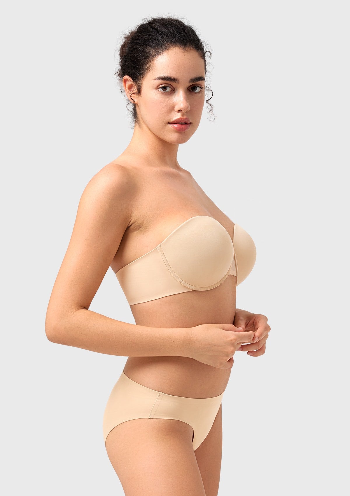 Side profile of the nude demi push-up bra, expertly crafted with graduated padding to naturally enhance and center the bust.