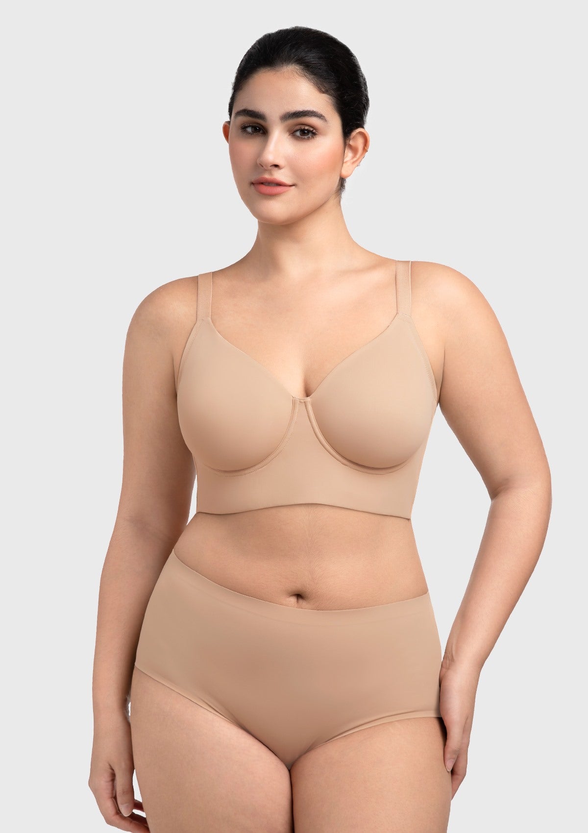 Front view of the light nude seamless T-shirt bra, designed to disappear effortlessly under tight clothing