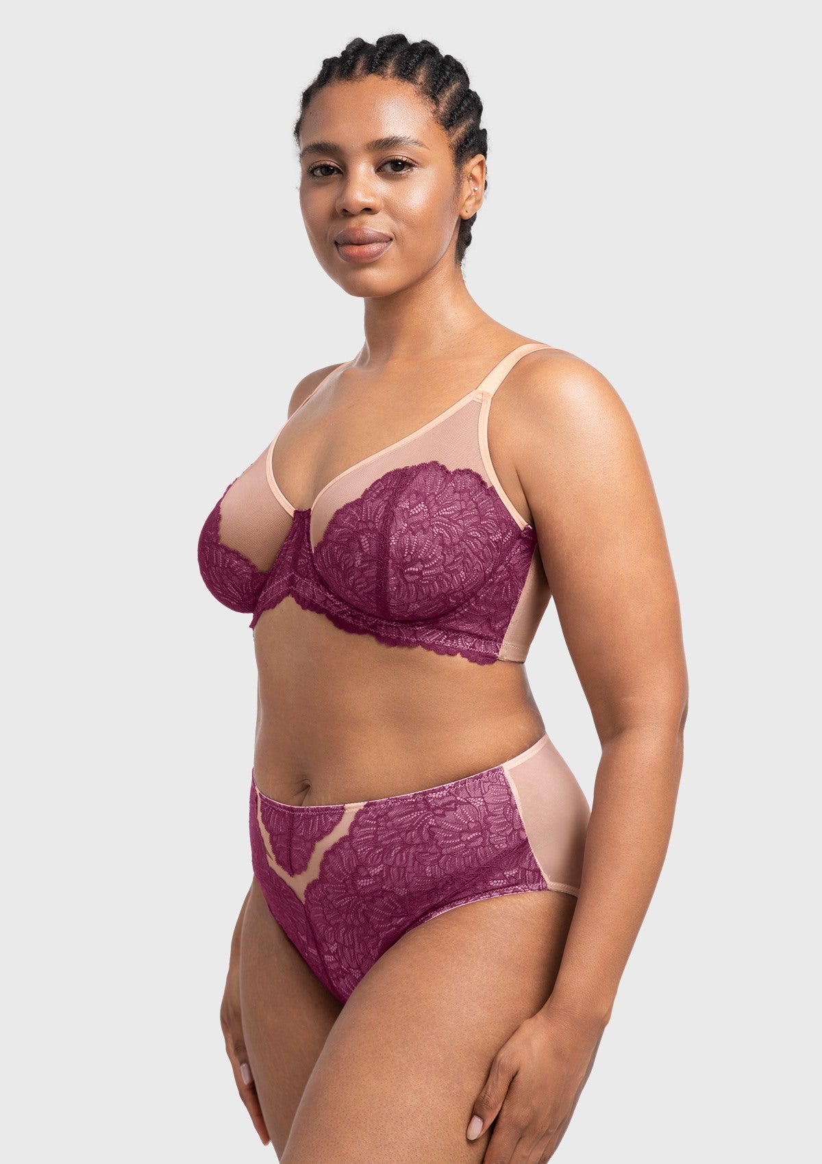 Side angle of the plum soft pink unlined underwire bra, demonstrating the smart adaptive mesh structure that expertly redistributes tissue and reduces bounce.