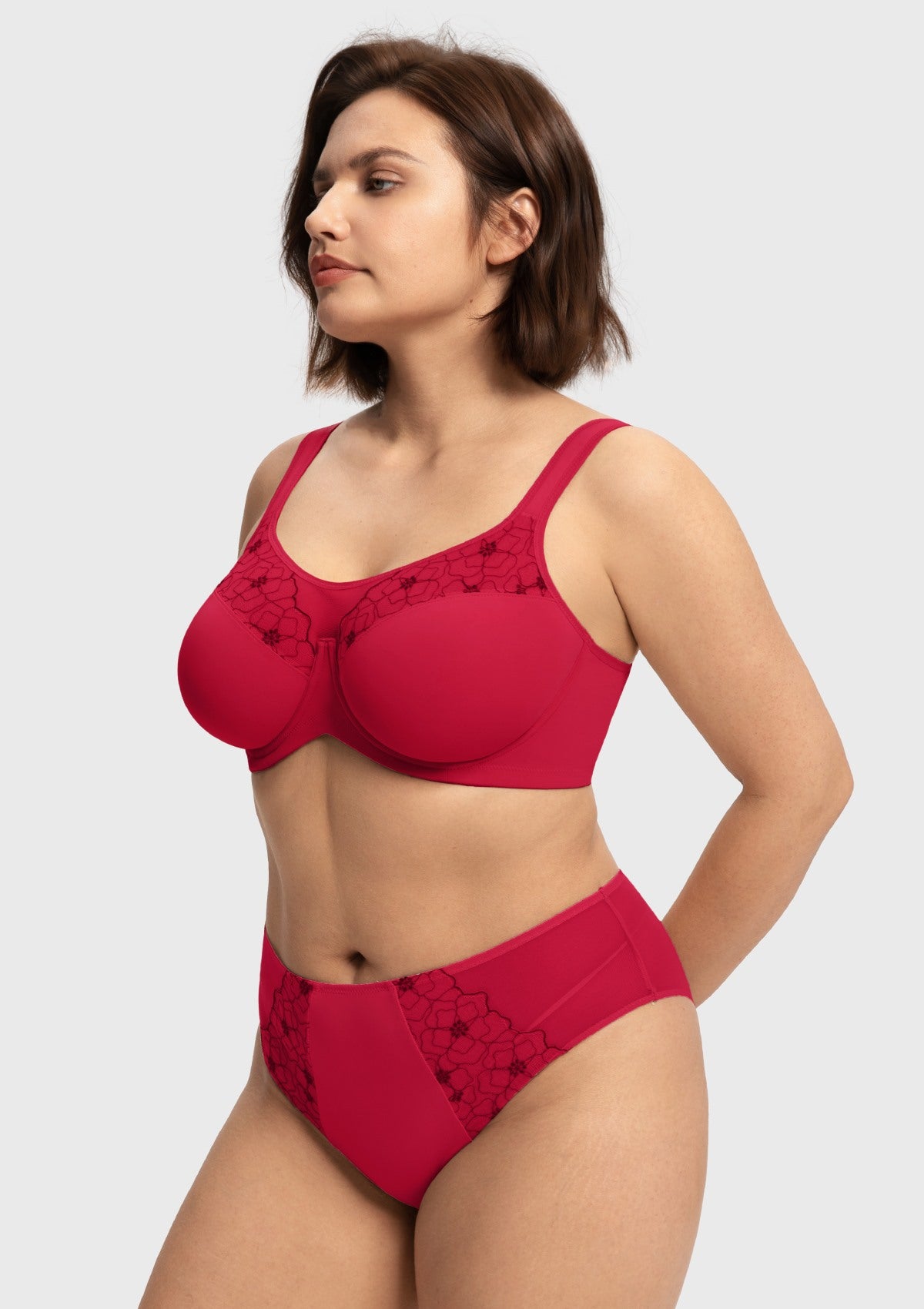45-degree profile of the red side support full coverage bra, featuring tall stretch wings that effortlessly tuck in side tissue for a polished look.