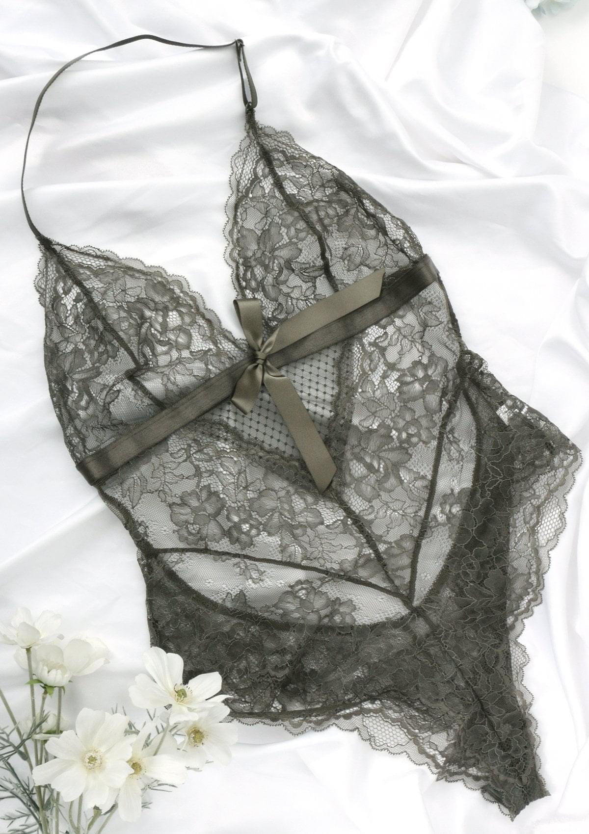 Deep V Lace Sheer Mesh Bodysuit Lingerie - HSIA