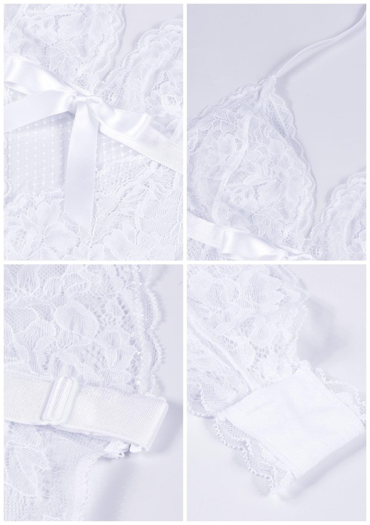 Deep V Lace Sheer Mesh Bodysuit Lingerie - HSIA